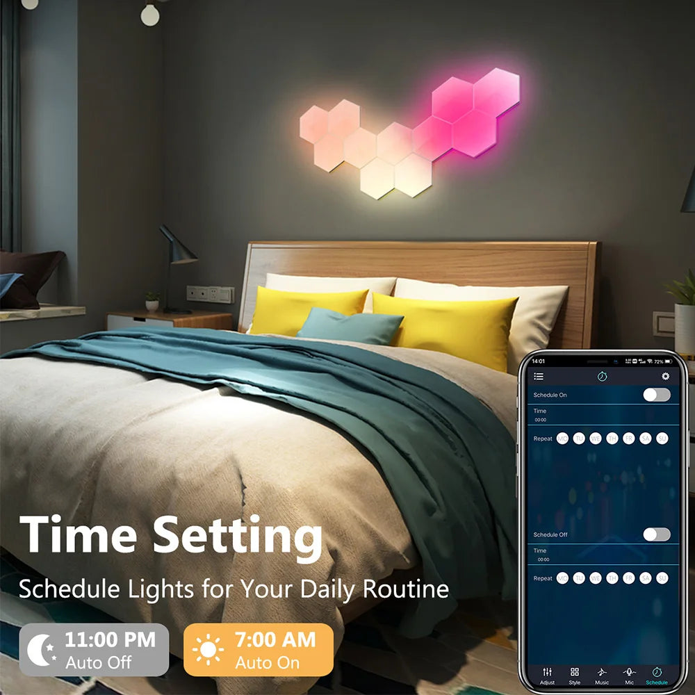 Smart Hexagon Lights Panels in various shapes, showcasing vibrant RGB colors and a modern design suitable for gaming and home decor.