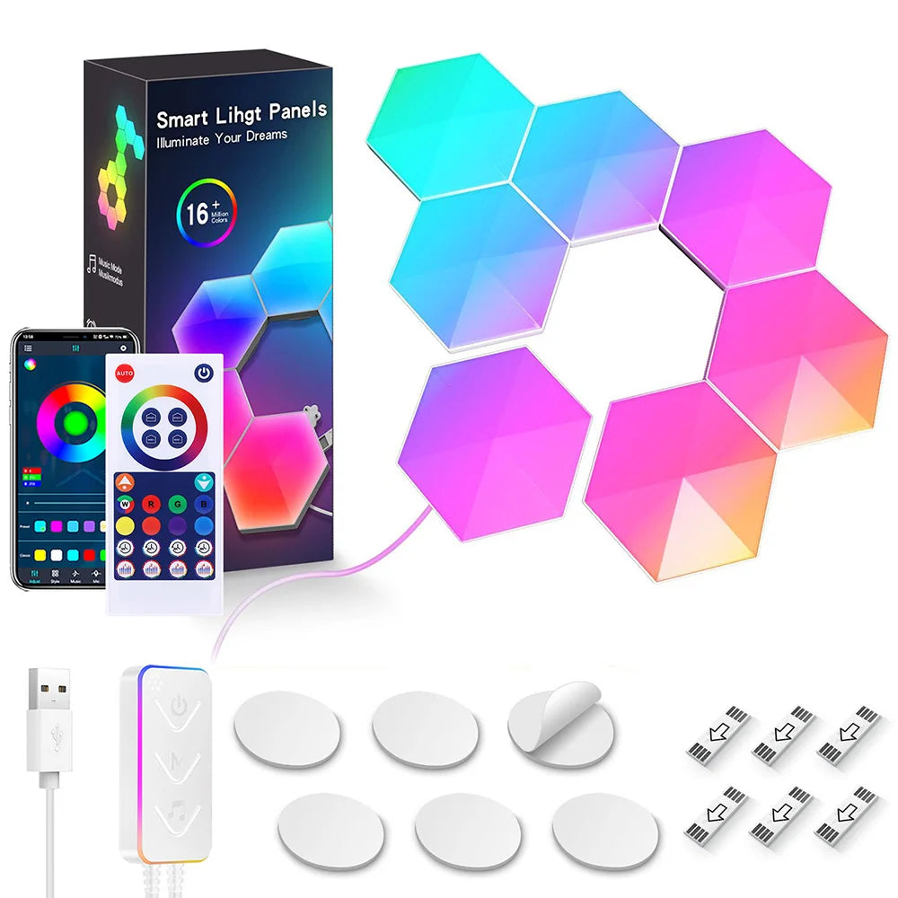 Smart Hexagon Lights Panels in various shapes, showcasing vibrant RGB colors and a modern design suitable for gaming and home decor.