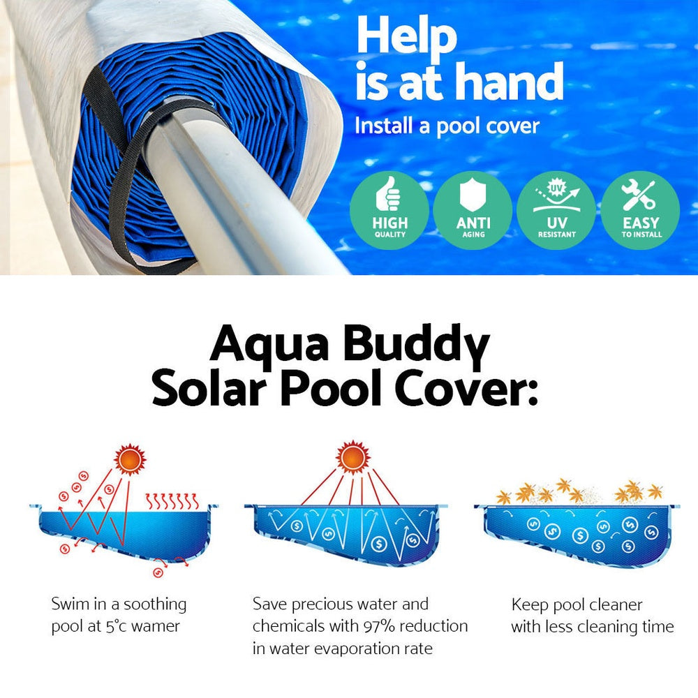 Aquabuddy 10.5x4.2m Solar Pool Cover Roller Blanket, featuring a sturdy aluminium roller and a durable solar cover designed for effective heat retention.