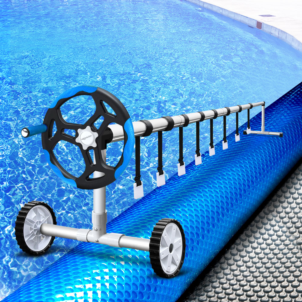 Aquabuddy 10.5x4.2m Solar Pool Cover Roller Blanket, featuring a sturdy aluminium roller and a durable solar cover designed for effective heat retention.