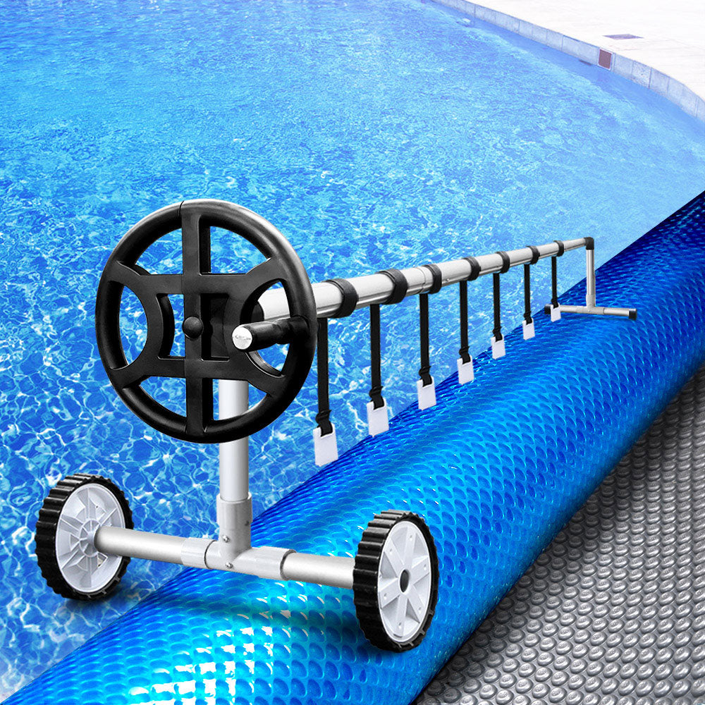 Aquabuddy Pool Cover with Aluminium Roller, showcasing a blue solar blanket and silver roller for efficient pool maintenance.