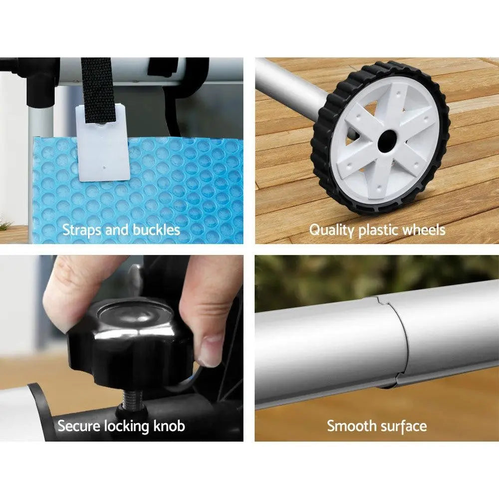 Aquabuddy Pool Cover with Aluminium Roller, showcasing a blue solar blanket and silver roller for efficient pool maintenance.