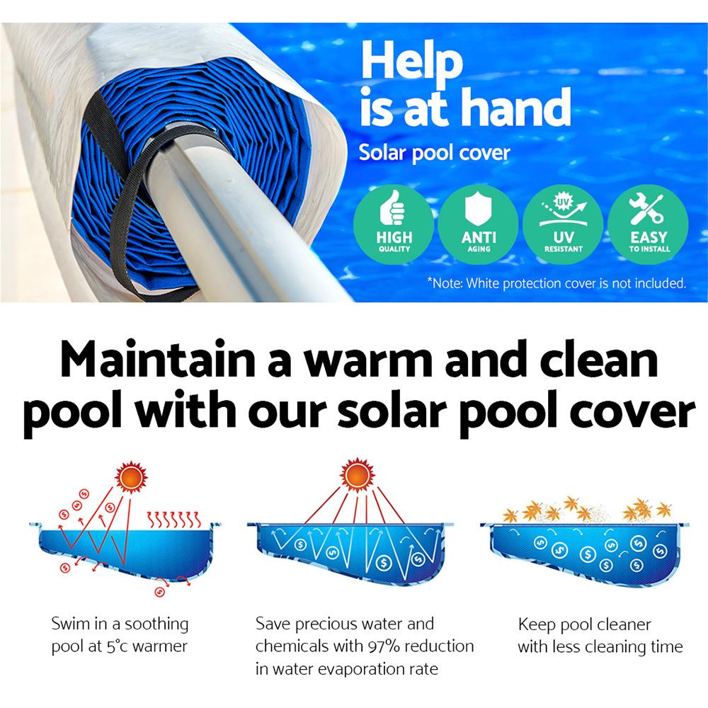 Aquabuddy Solar Swimming Pool Cover Blanket Roller with adjustable aluminium frame and blue-silver solar cover, designed for efficient pool maintenance.