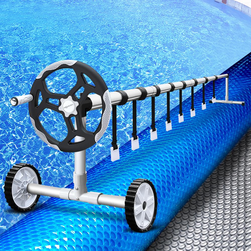 Aquabuddy Solar Swimming Pool Cover Blanket Roller with adjustable aluminium frame and blue-silver solar cover, designed for efficient pool maintenance.