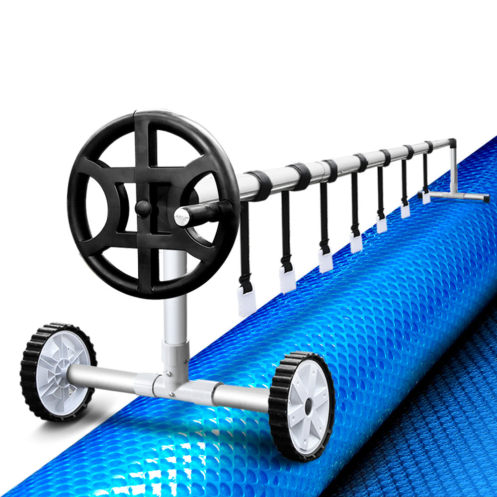 Aquabuddy Swimming Pool Cover with Roller Wheel, showcasing the durable aluminium construction and solar blanket design.