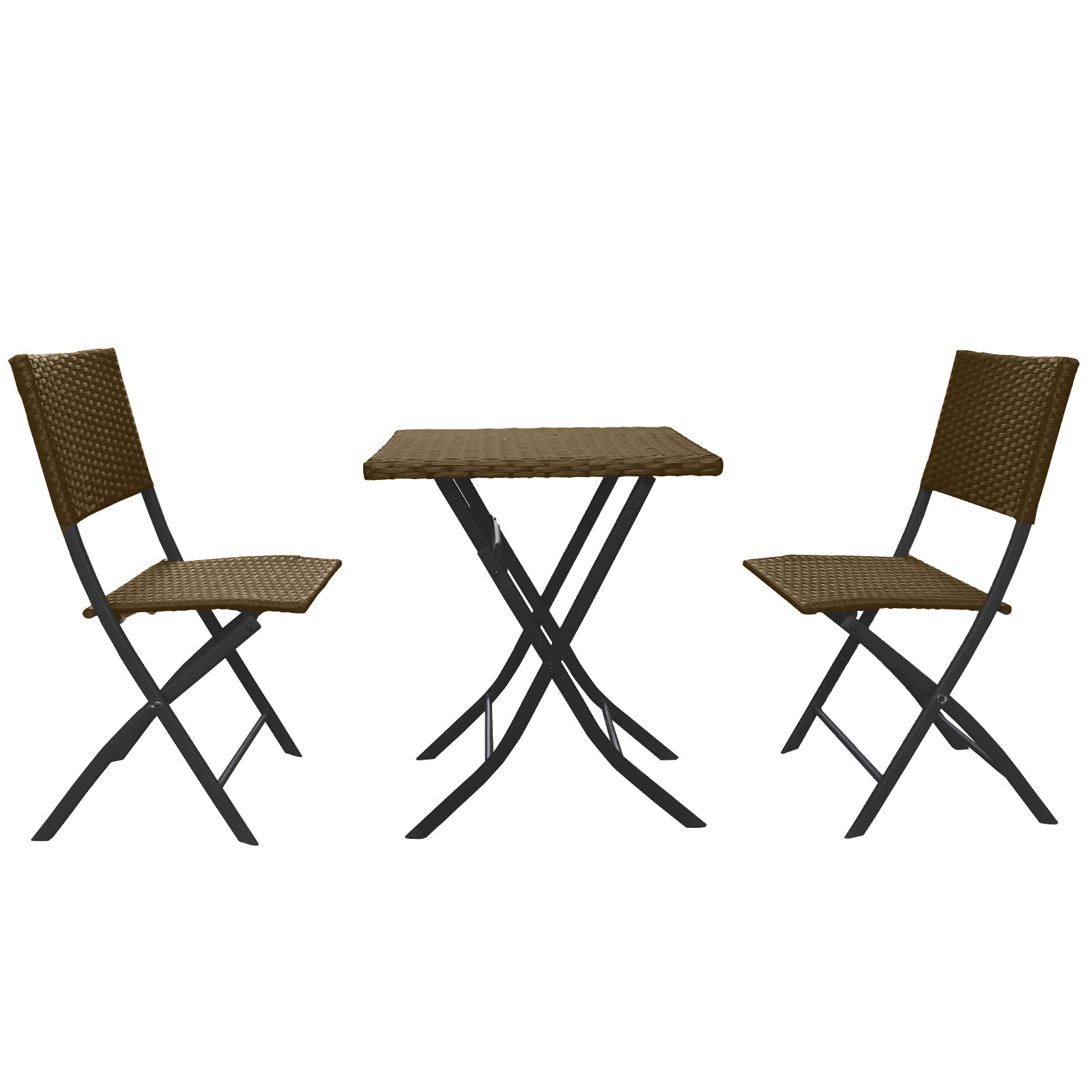 Arcadia Furniture Outdoor 3 Piece Foldable Rattan Coffee Table Set featuring two chairs and one table in black and oatmeal colors.