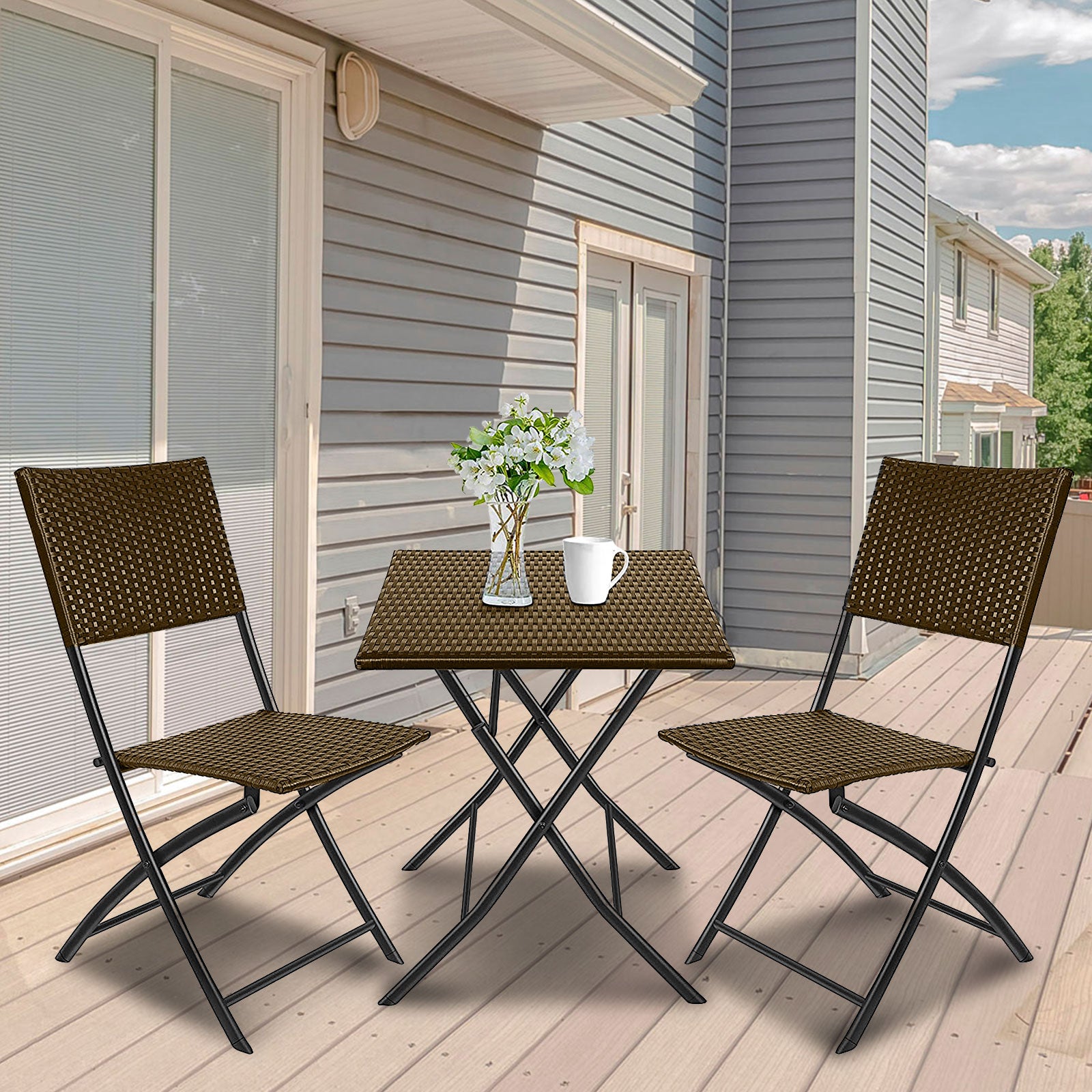 Arcadia Furniture Outdoor 3 Piece Foldable Rattan Coffee Table Set featuring two chairs and one table in black and oatmeal colors.