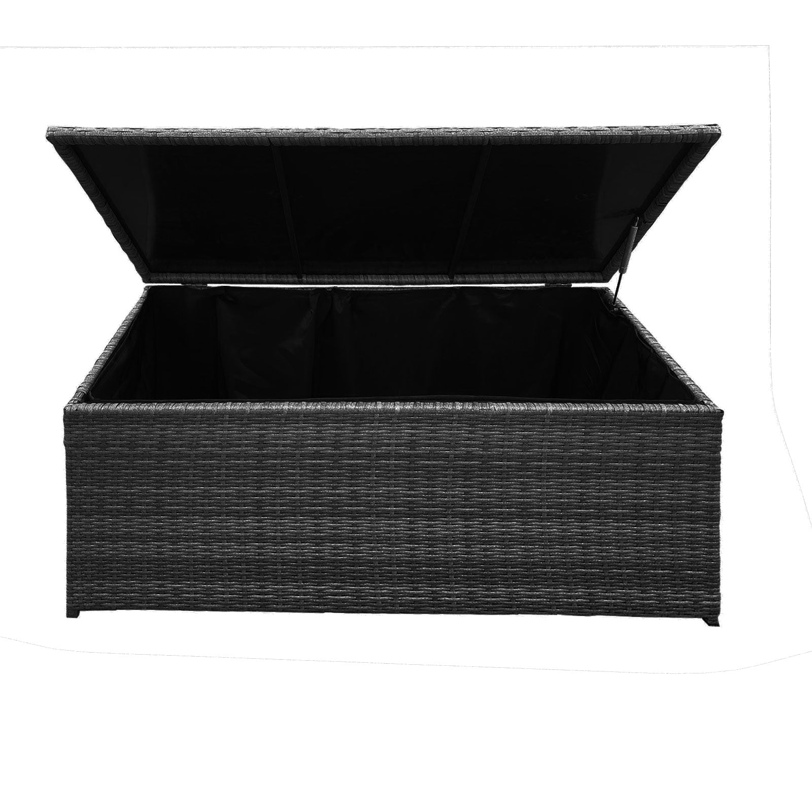 Arcadia Furniture Outdoor Rattan Storage Box in black, showcasing its sturdy steel frame and UV resistant wicker rattan design, perfect for garden and patio use.