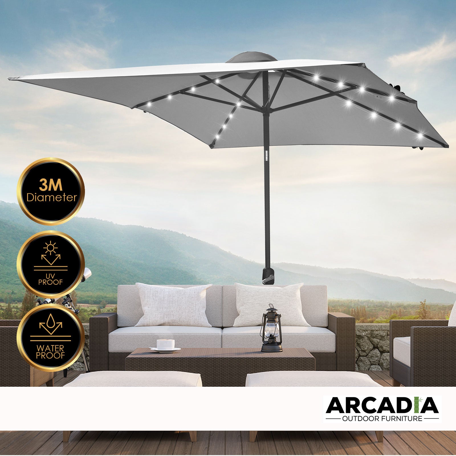 Arcadia Furniture 3 Metre Umbrella with Solar LED Lights, showcasing a stylish design with a dark grey frame and beige fabric, perfect for outdoor gatherings.