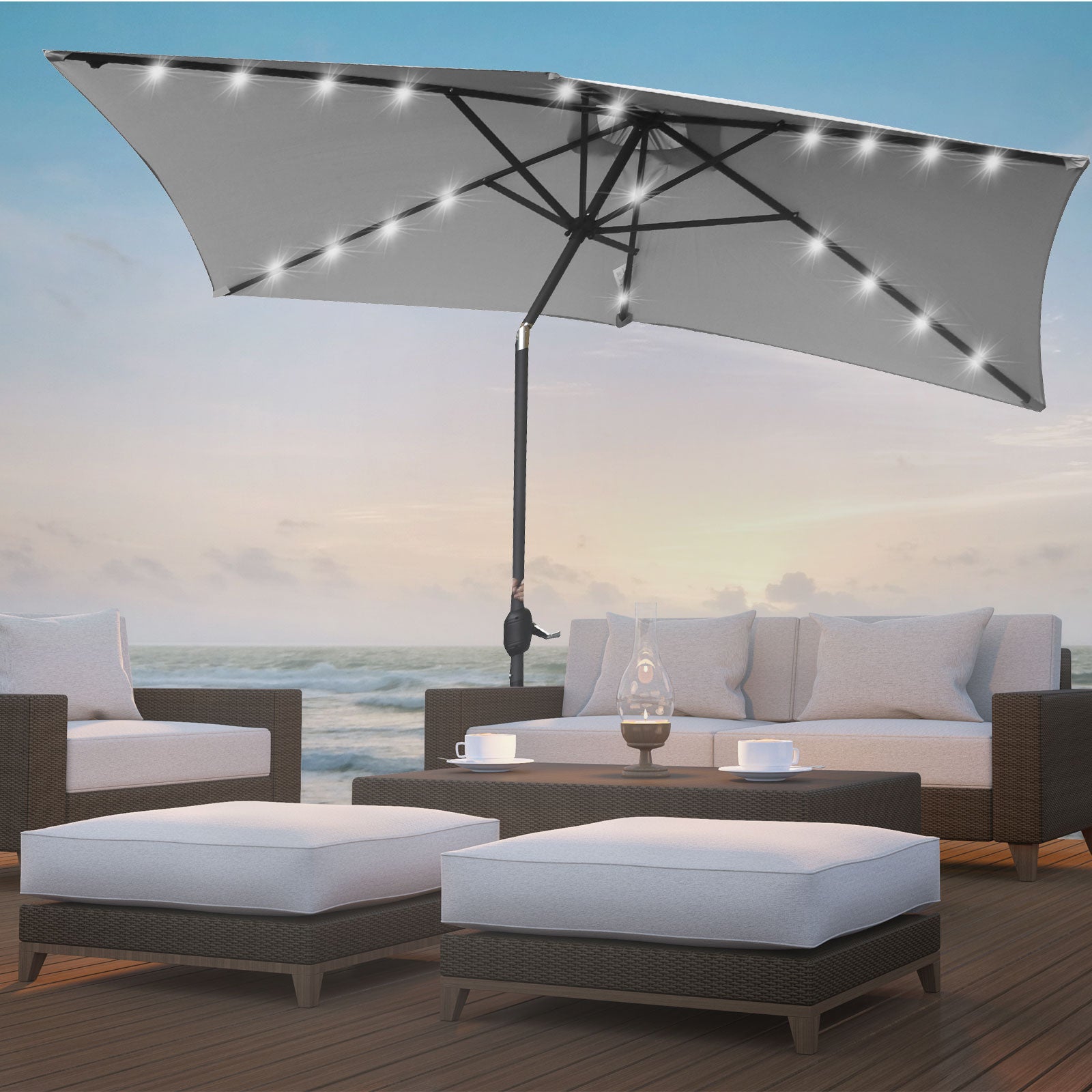 Arcadia Furniture 3 Metre Umbrella with Solar LED Lights, showcasing a stylish design with a dark grey frame and beige fabric, perfect for outdoor gatherings.