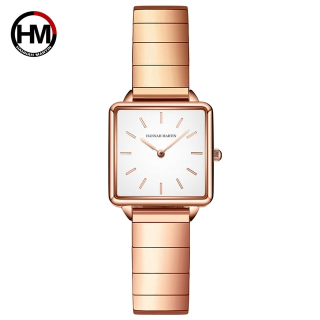 Arrival Full Solid Stainless Steel Square Dial Japan Movement Quartz watch in rose gold, featuring a square dial and stainless steel band.