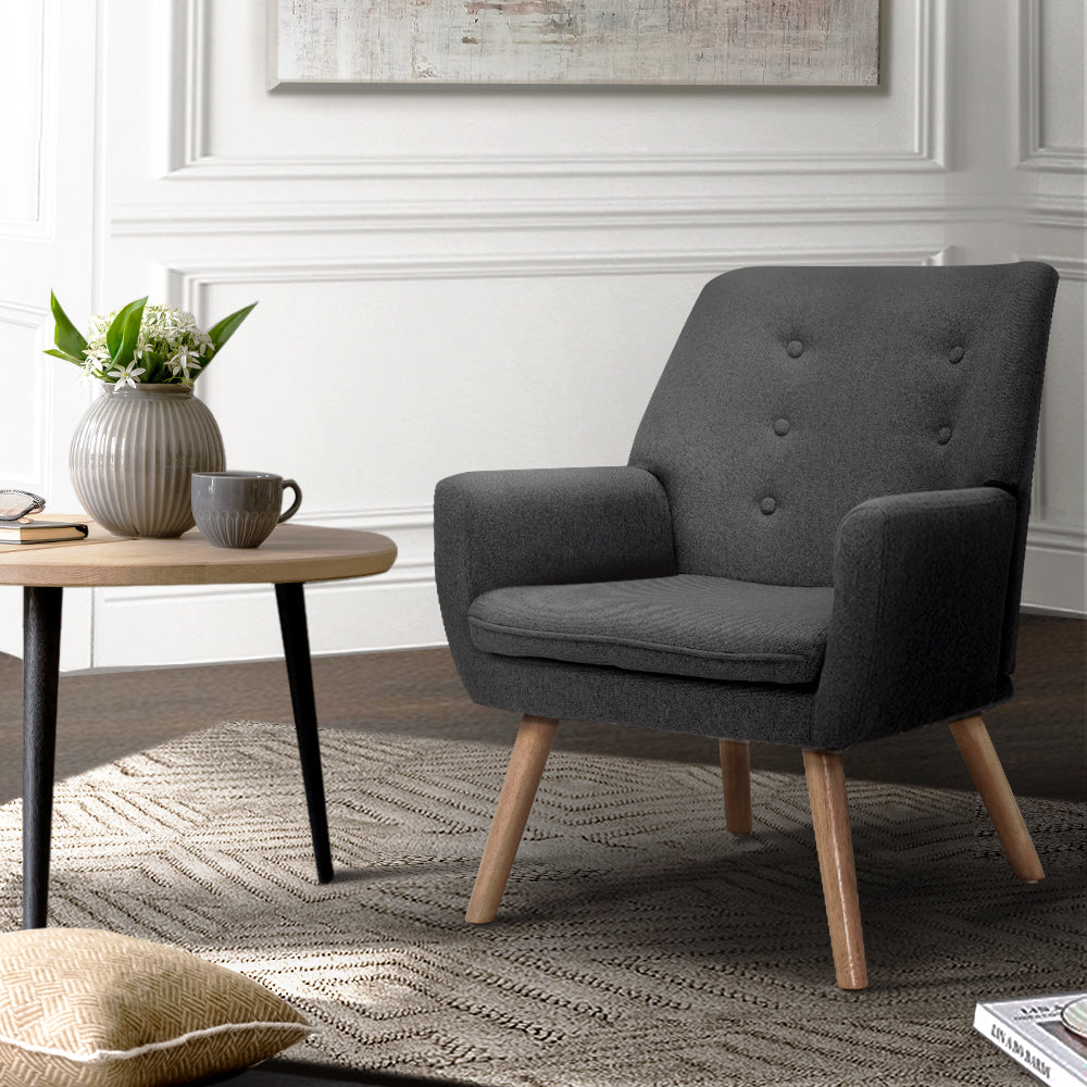 Stylish Armchair Tub Single Dining Chair in charcoal linen upholstery with tufted backrest and rubber wood legs.