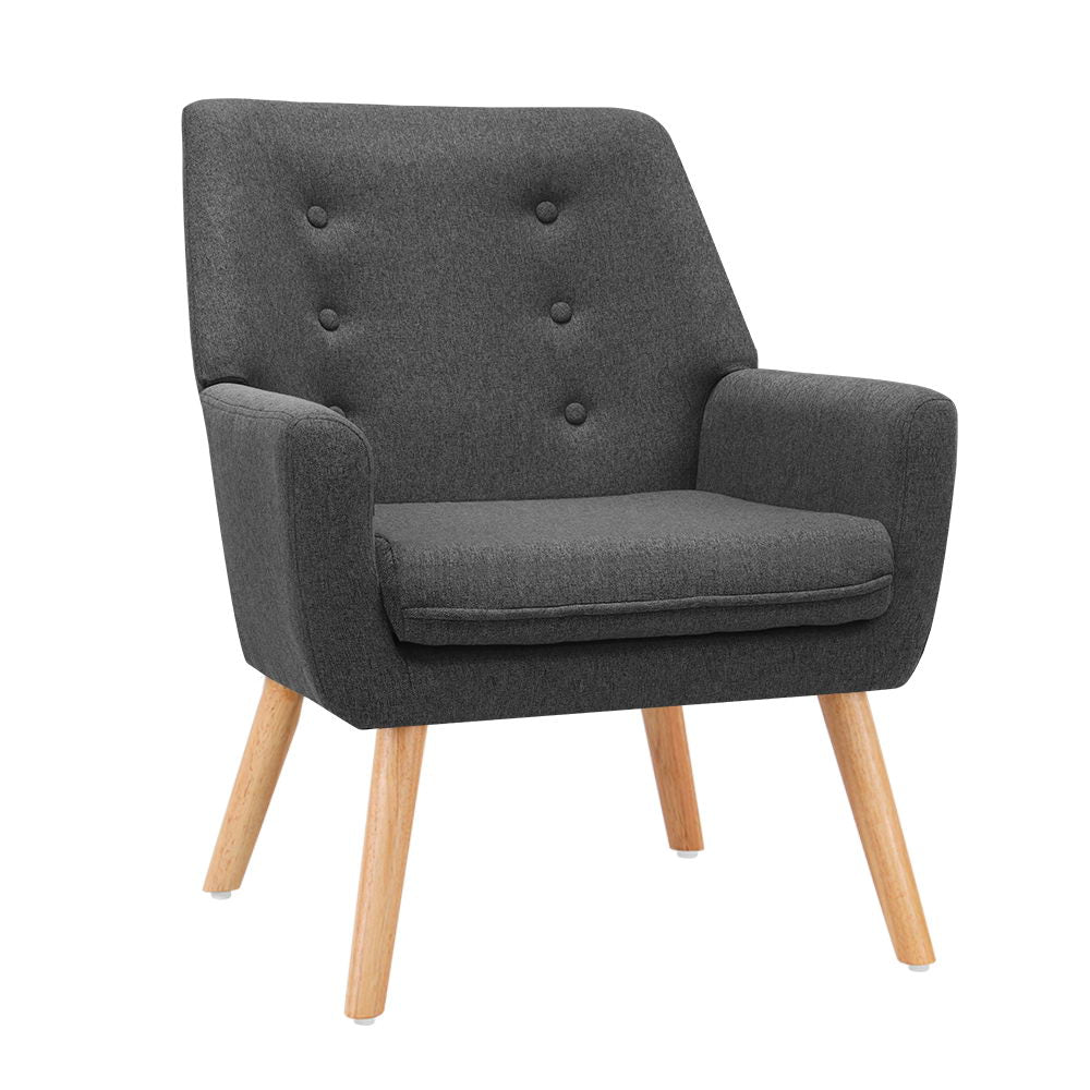 Stylish Armchair Tub Single Dining Chair in charcoal linen upholstery with tufted backrest and rubber wood legs.