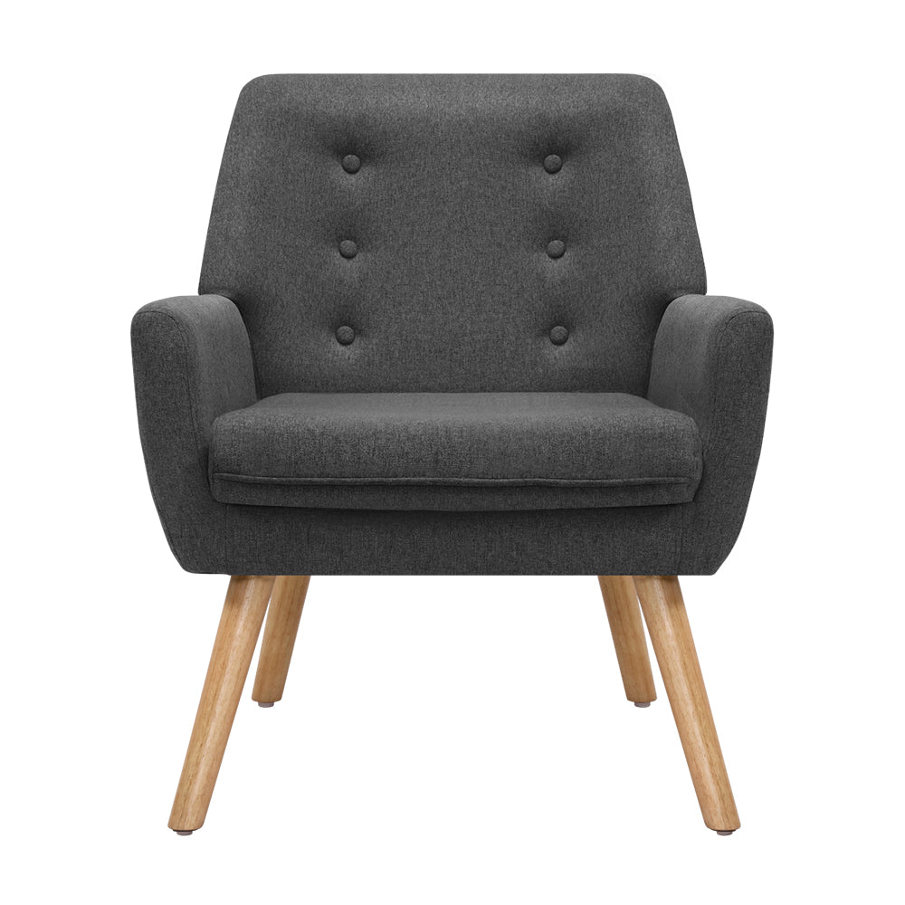 Stylish Armchair Tub Single Dining Chair in charcoal linen upholstery with tufted backrest and rubber wood legs.