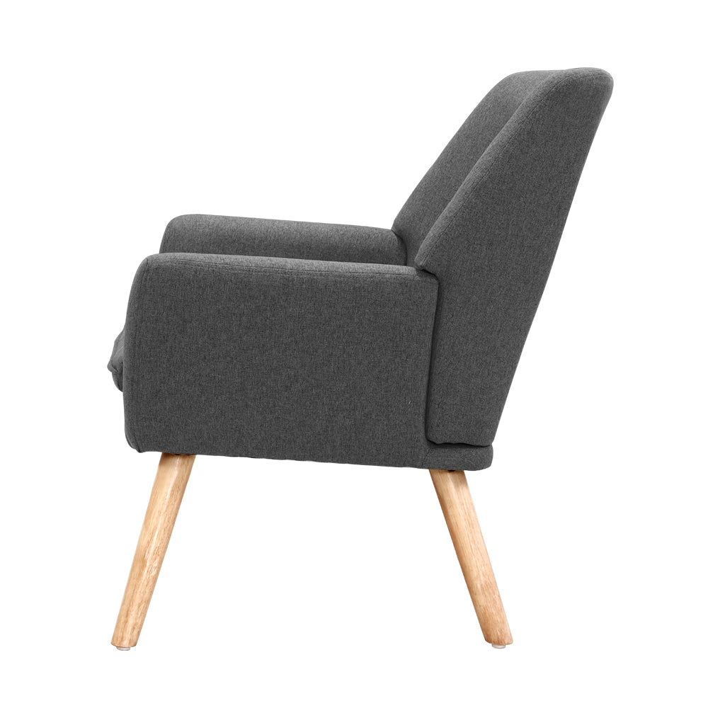 Stylish Armchair Tub Single Dining Chair in charcoal linen upholstery with tufted backrest and rubber wood legs.