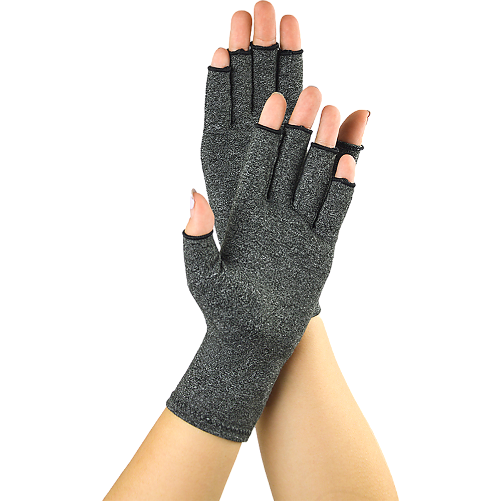 A pair of grey Arthritis Gloves Compression Joint Finger Hand Wrist Support Brace, designed for comfort and mobility with open fingertips.