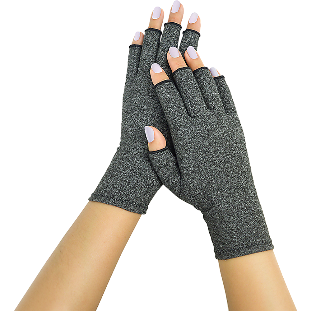 A pair of grey Arthritis Gloves Compression Joint Finger Hand Wrist Support Brace, designed for comfort and mobility with open fingertips.