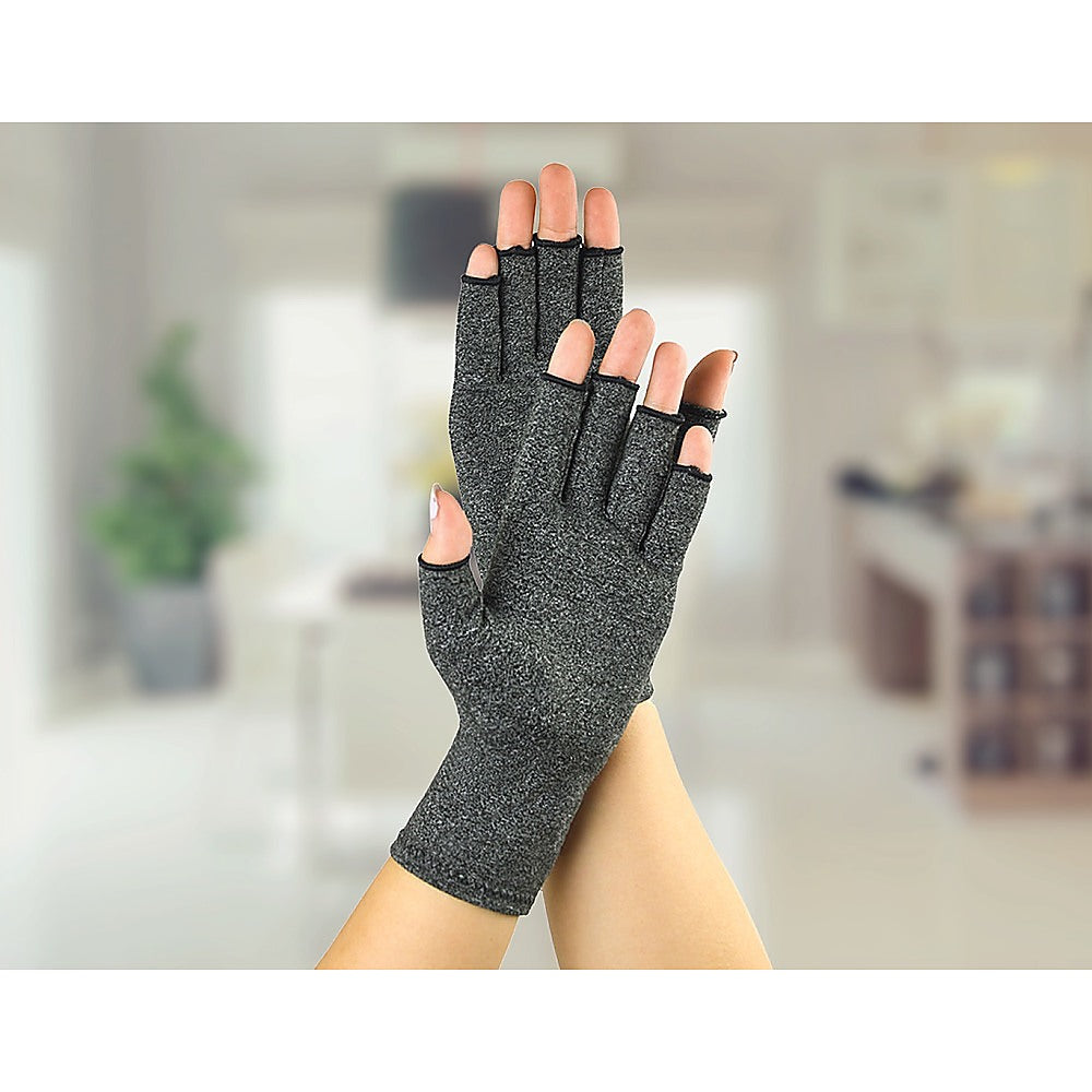 A pair of grey Arthritis Gloves Compression Joint Finger Hand Wrist Support Brace, designed for comfort and mobility with open fingertips.