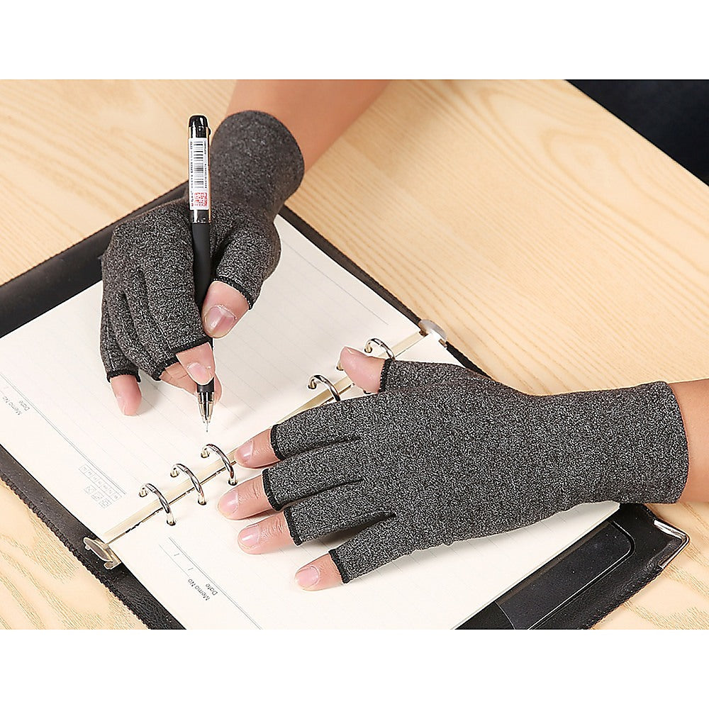 A pair of grey Arthritis Gloves Compression Joint Finger Hand Wrist Support Brace, designed for comfort and mobility with open fingertips.
