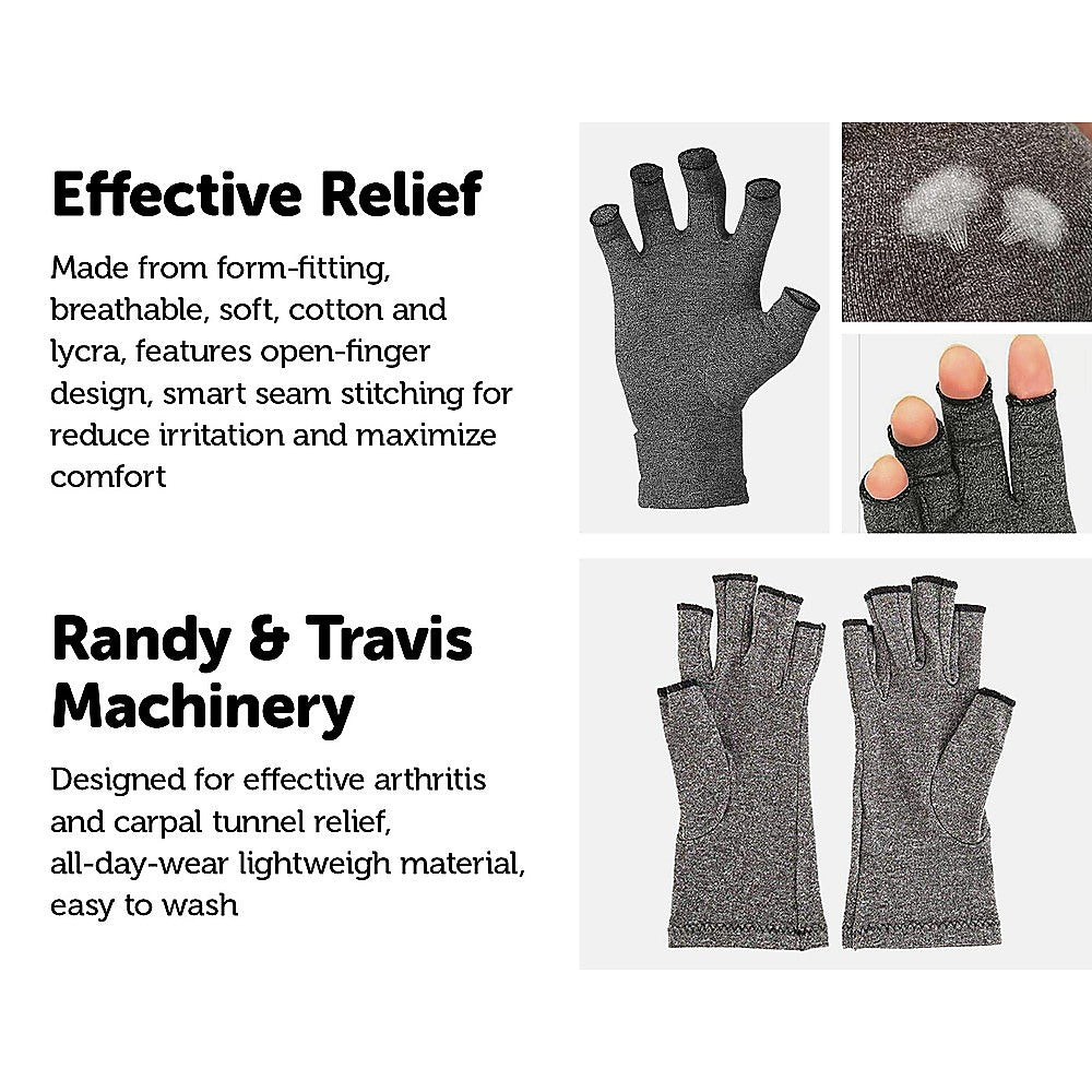 A pair of grey Arthritis Gloves Compression Joint Finger Hand Wrist Support Brace, designed for comfort and mobility with open fingertips.