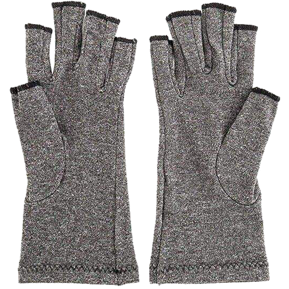 A pair of grey Arthritis Gloves Compression Joint Finger Hand Wrist Support Brace, designed for comfort and mobility with open fingertips.