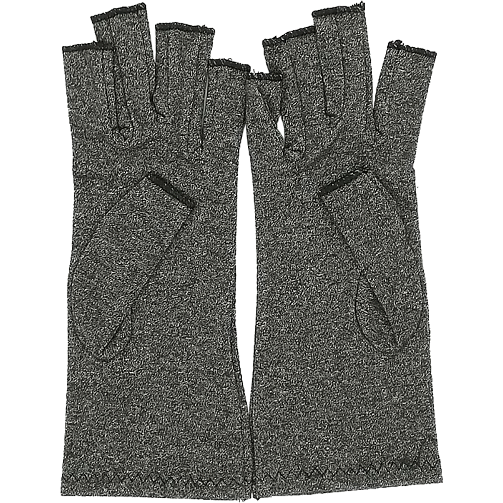 A pair of grey Arthritis Gloves Compression Joint Finger Hand Wrist Support Brace, designed for comfort and mobility with open fingertips.