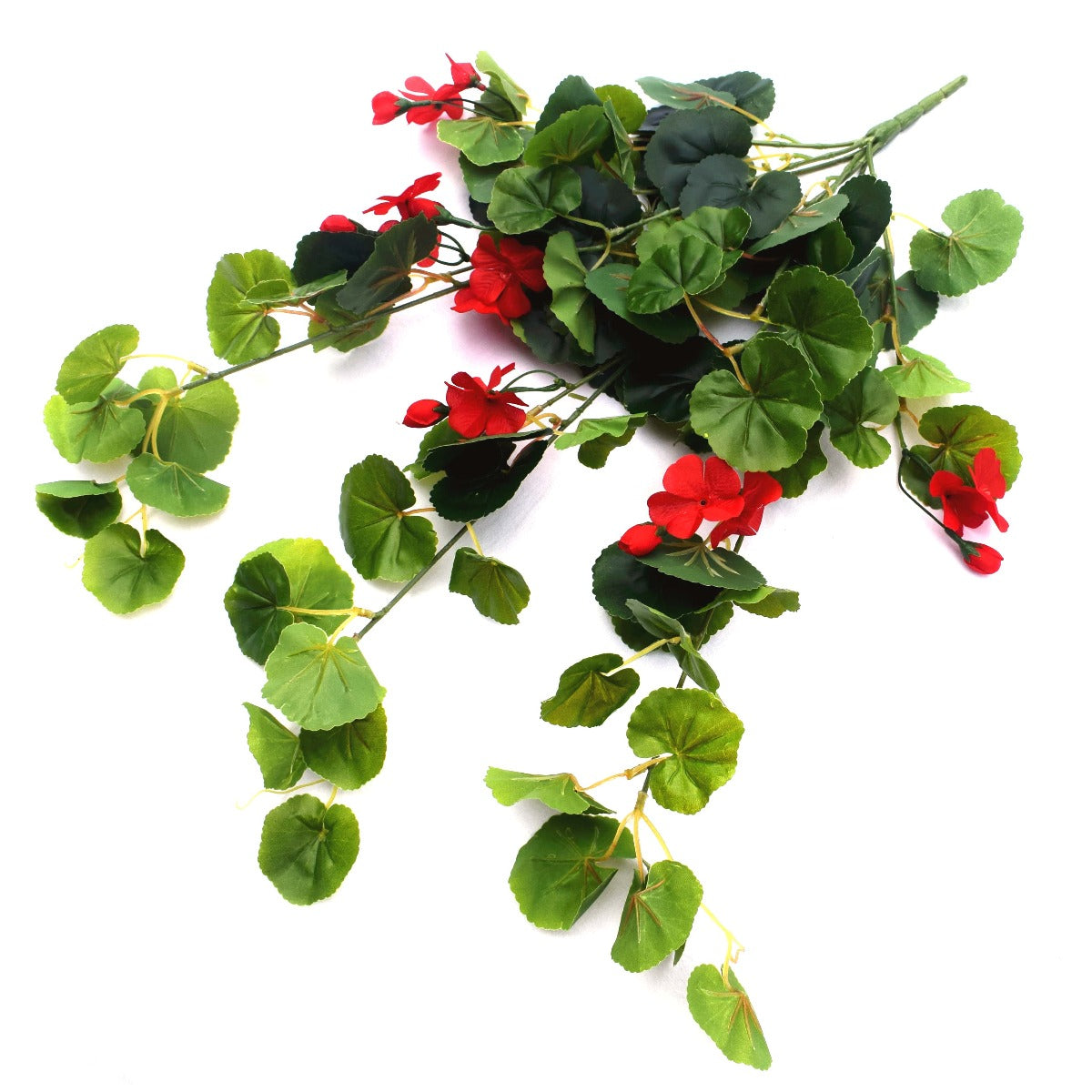 60cm Artificial Geranium Hanging Bush with vibrant red flowers and lush green leaves, perfect for indoor decoration.