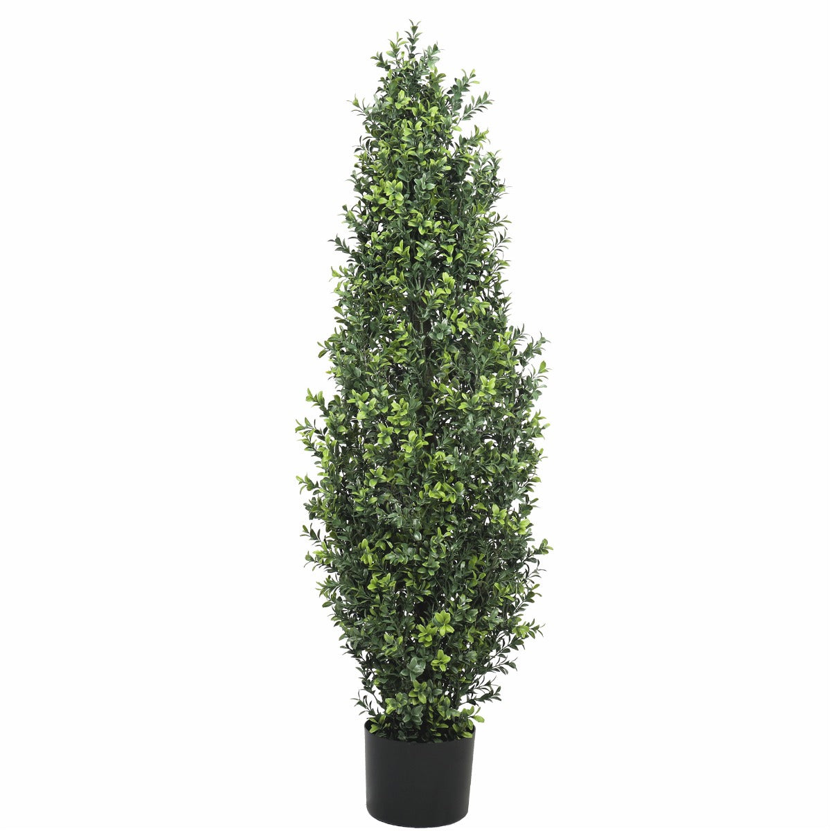 A tall 120cm artificial potted topiary tree with lush green foliage in a sleek black pot, suitable for indoor and outdoor use.