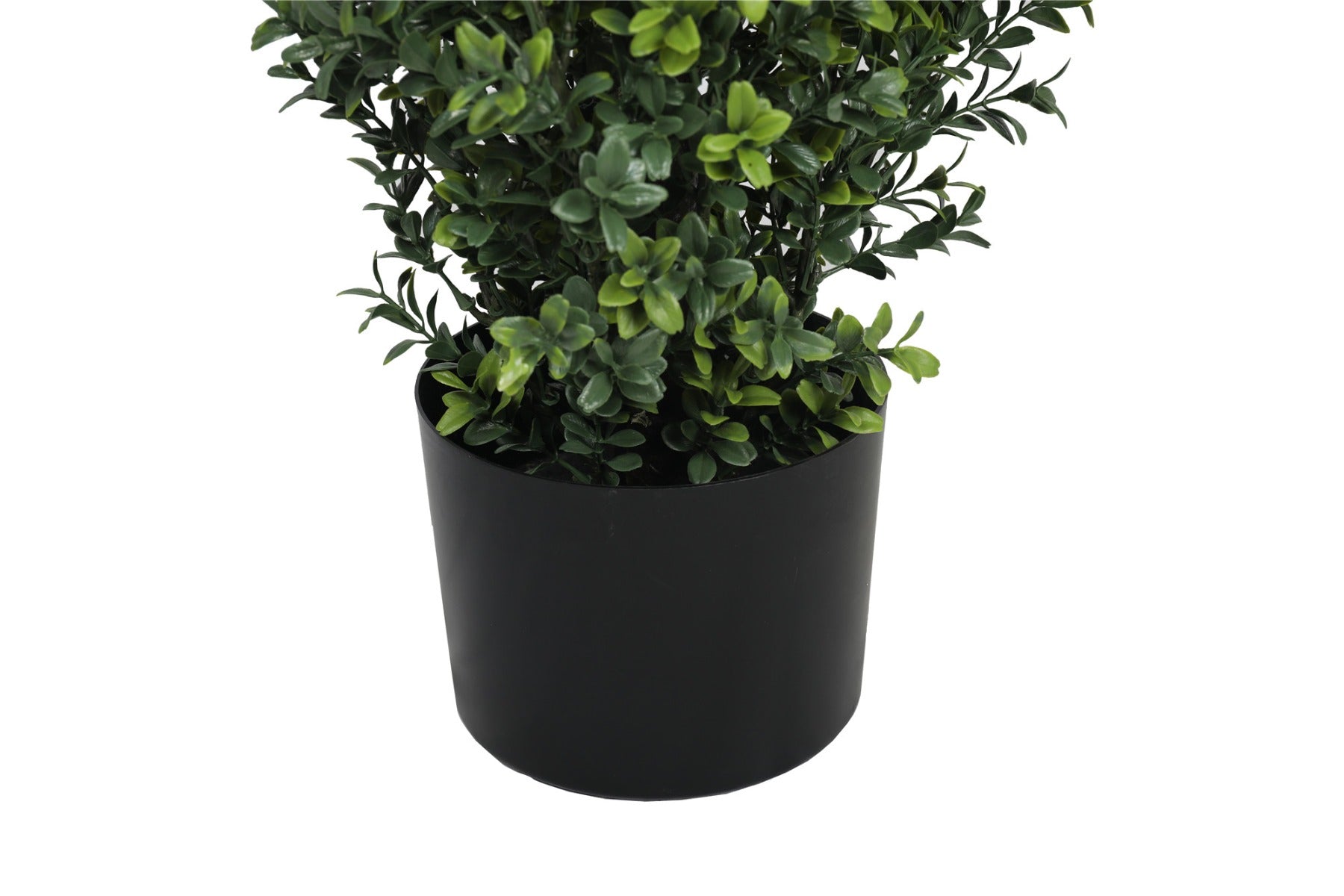 A tall 120cm artificial potted topiary tree with lush green foliage in a sleek black pot, suitable for indoor and outdoor use.