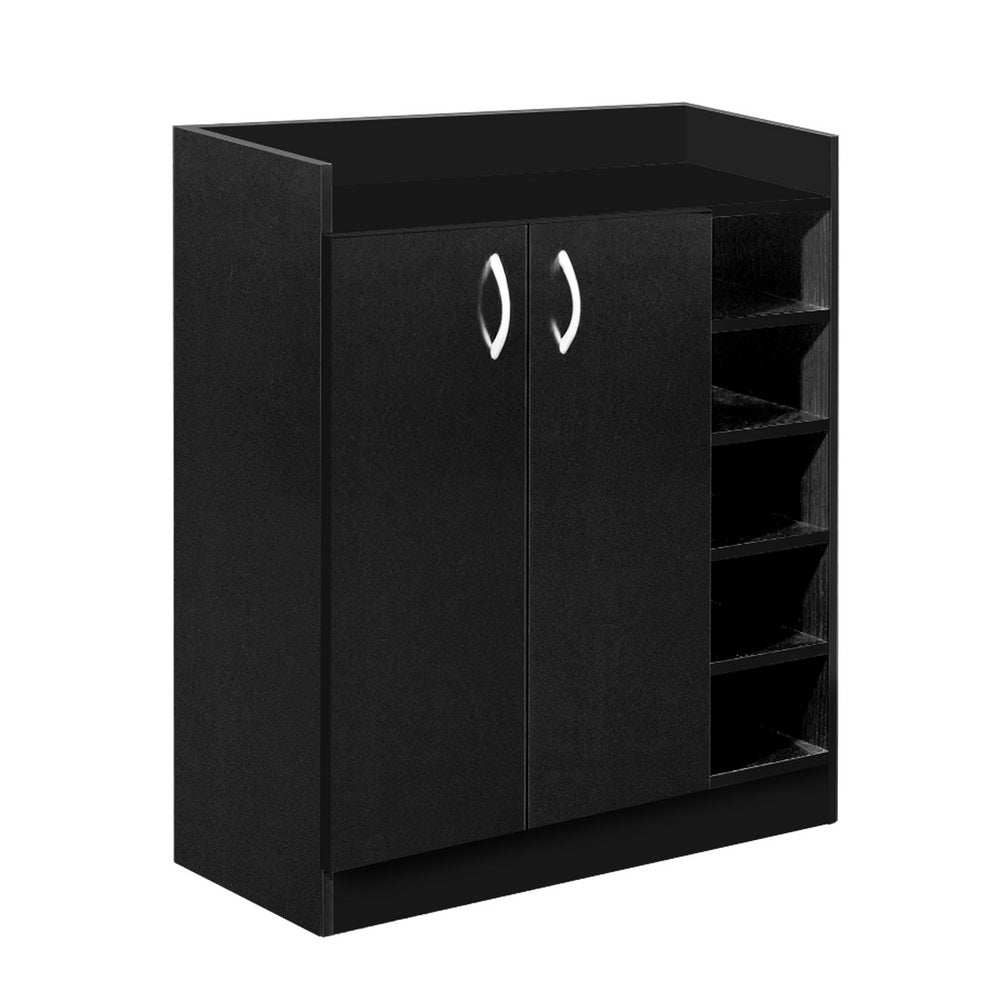 Artiss 2 Doors Shoe Cabinet in black with adjustable shelves and silver handles, perfect for organizing footwear.
