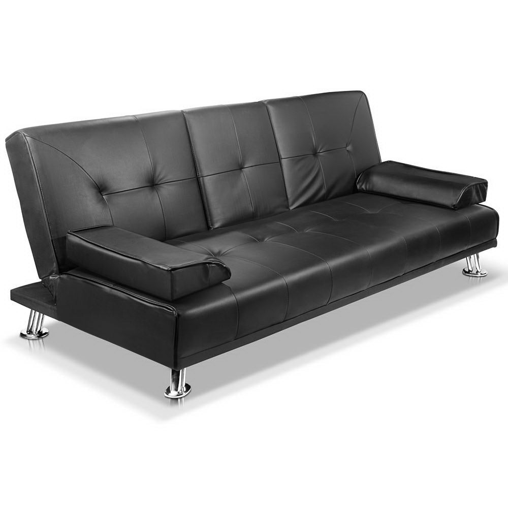 Artiss 3 Seater PU Leather Sofa Bed in Black with adjustable backrest and cup holders.