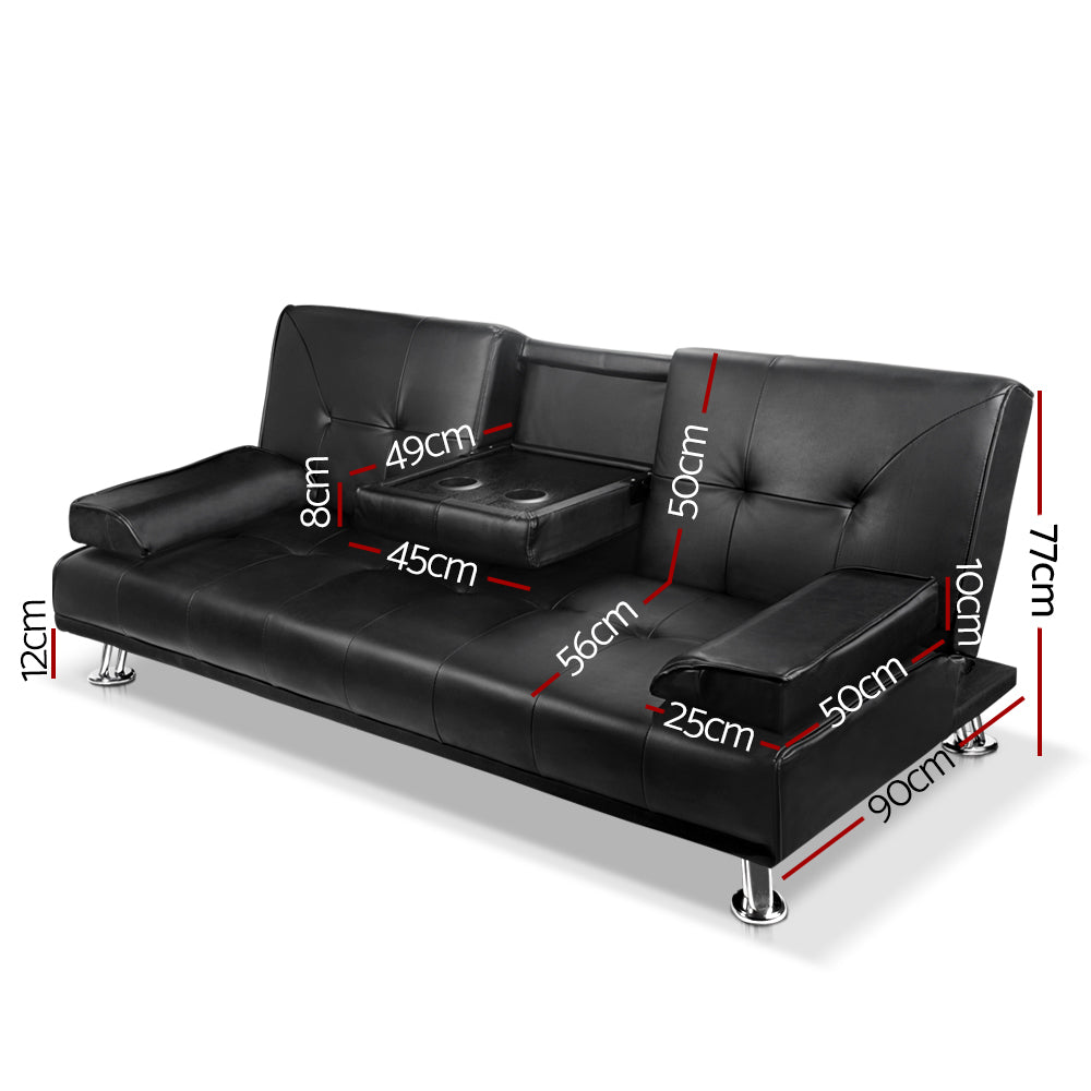 Artiss 3 Seater PU Leather Sofa Bed in Black with adjustable backrest and cup holders.