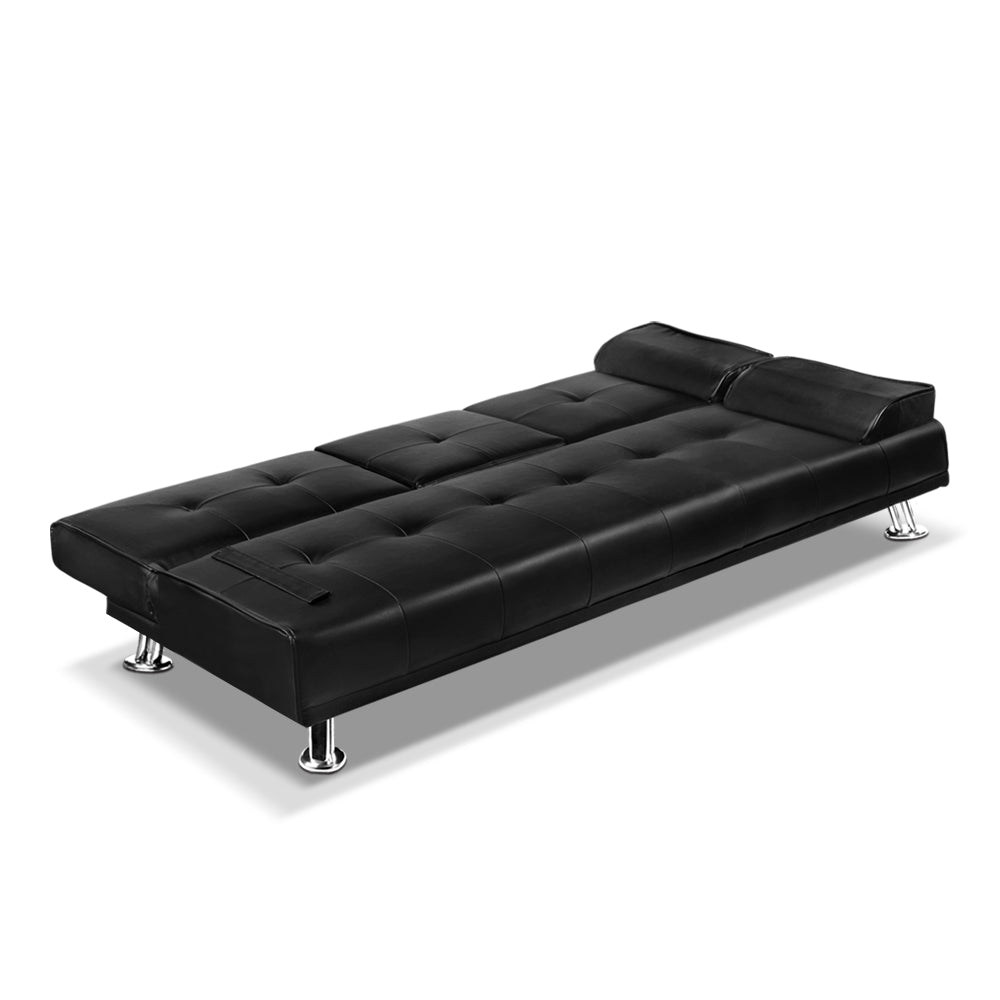 Artiss 3 Seater PU Leather Sofa Bed in Black with adjustable backrest and cup holders.