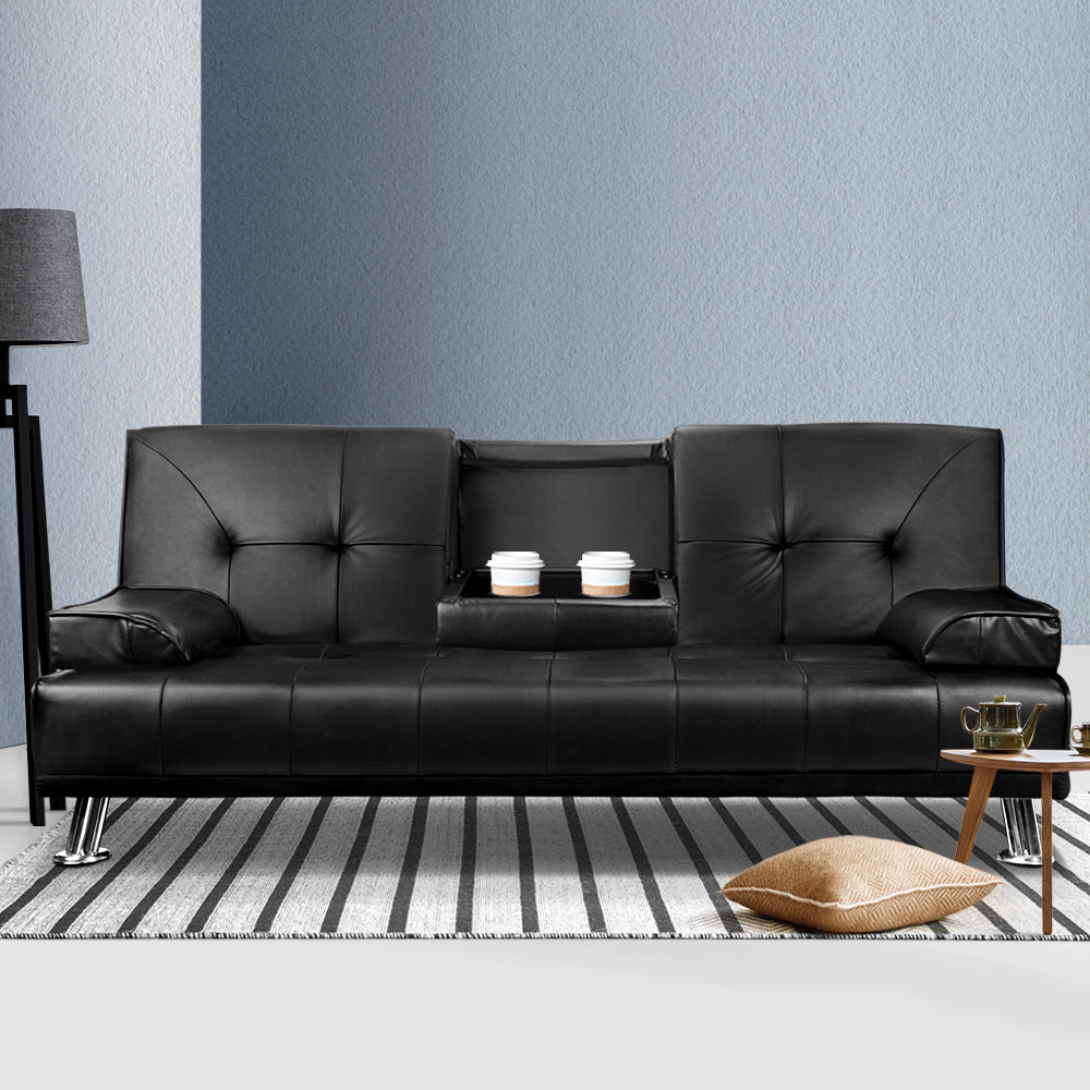 Artiss 3 Seater PU Leather Sofa Bed in Black with adjustable backrest and cup holders.