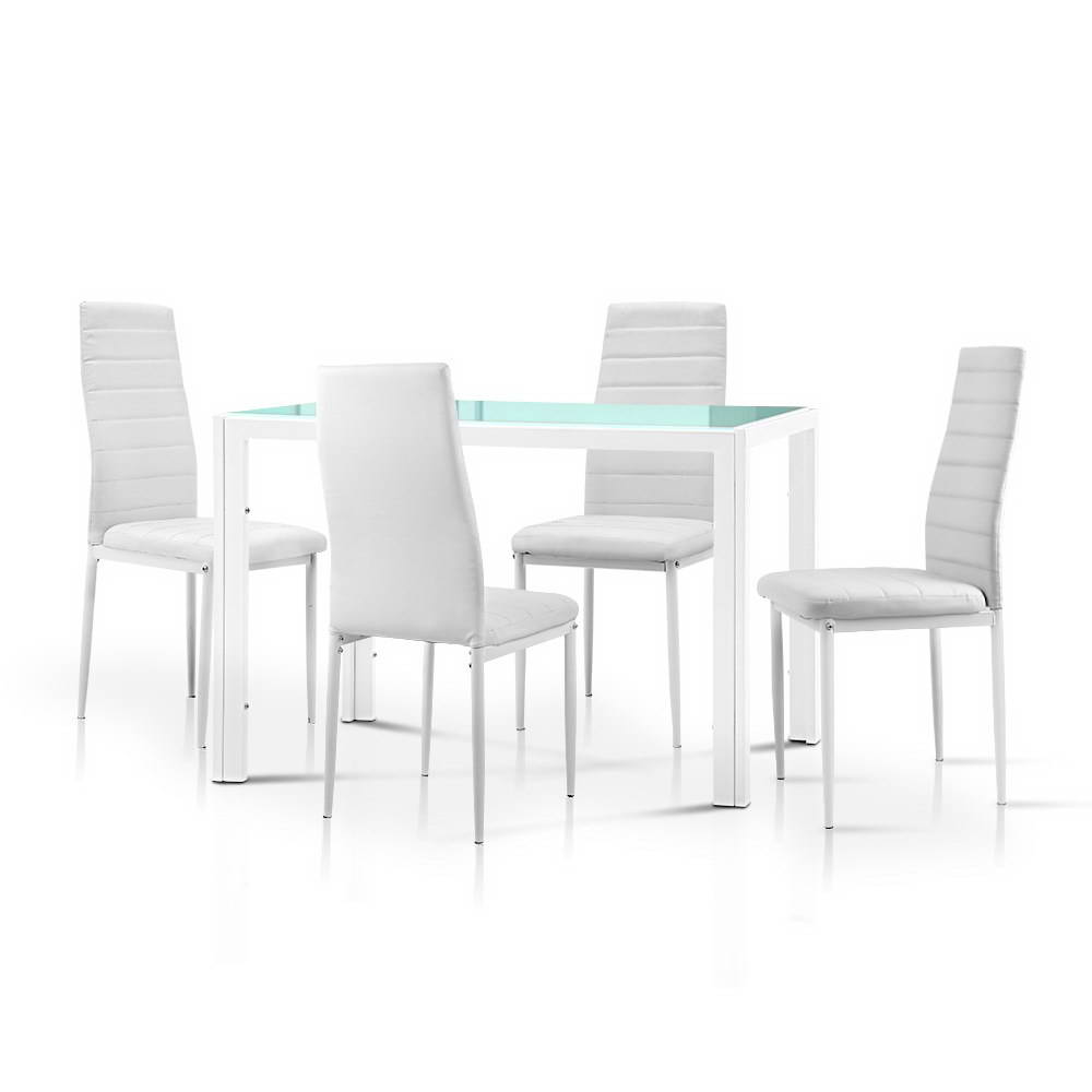 Artiss 5 Piece Dining Table Set in White featuring a sleek glass top and stylish chairs with PVC upholstery.