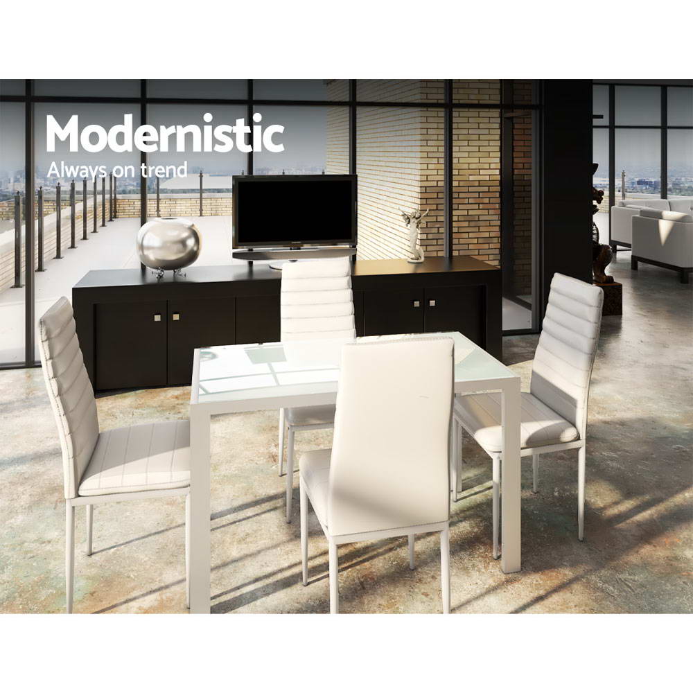 Artiss 5 Piece Dining Table Set in White featuring a sleek glass top and stylish chairs with PVC upholstery.