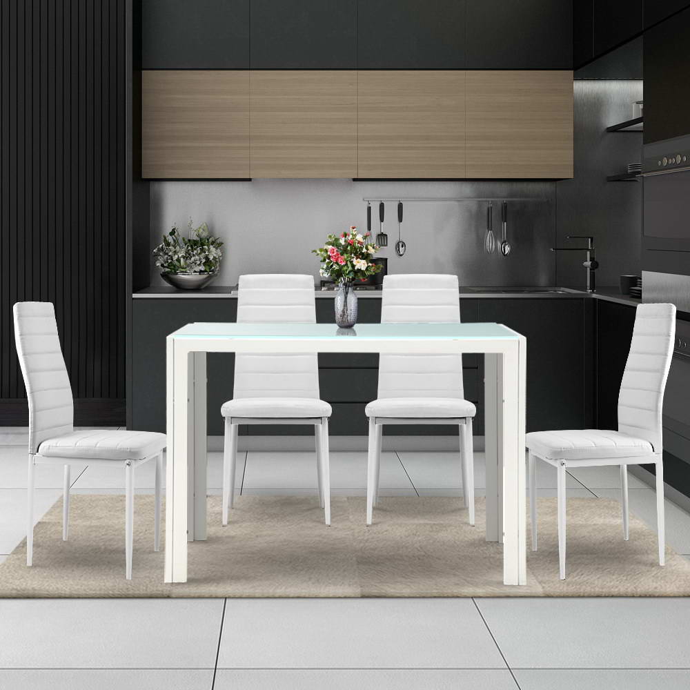 Artiss 5 Piece Dining Table Set in White featuring a sleek glass top and stylish chairs with PVC upholstery.