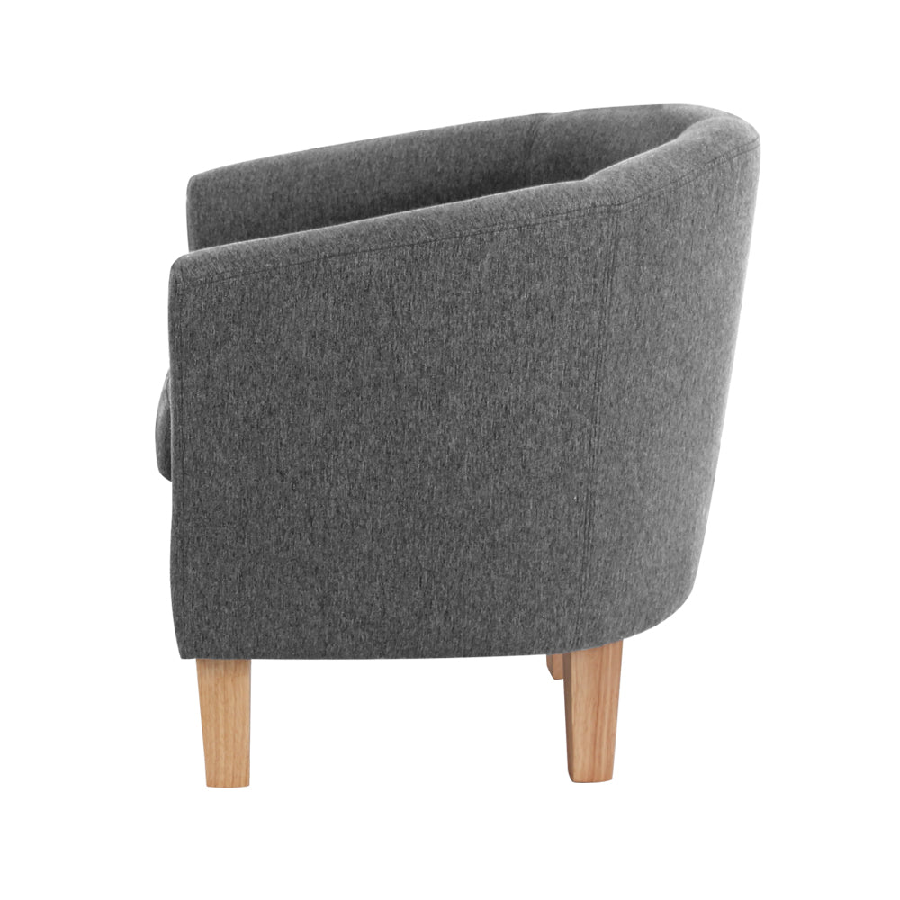 Artiss Abby Fabric Armchair in Grey with tufted design and sturdy rubber wood legs, showcasing modern style and comfort.