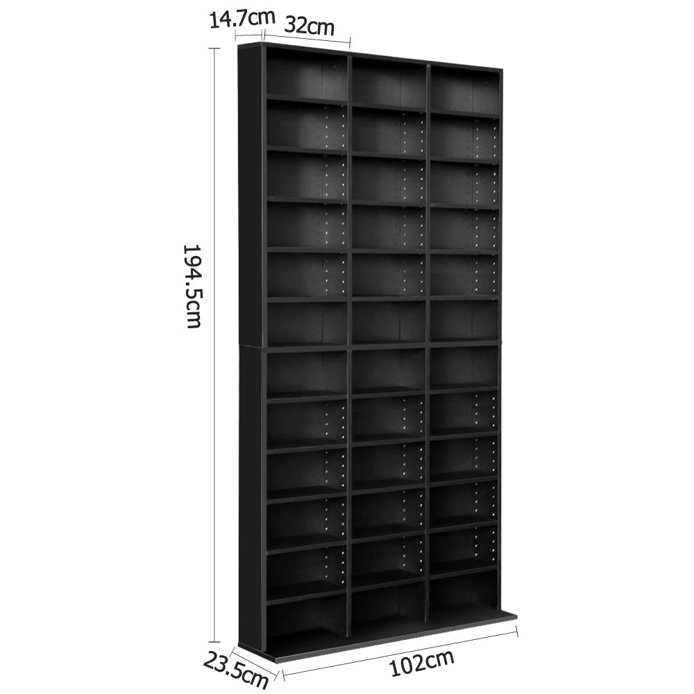 Artiss Adjustable Book Storage Shelf Rack Unit in Black, showcasing adjustable shelves and sturdy design for CD and DVD storage.