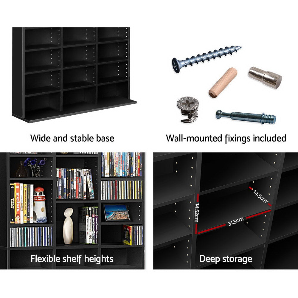 Artiss Adjustable Book Storage Shelf Rack Unit in Black, showcasing adjustable shelves and sturdy design for CD and DVD storage.