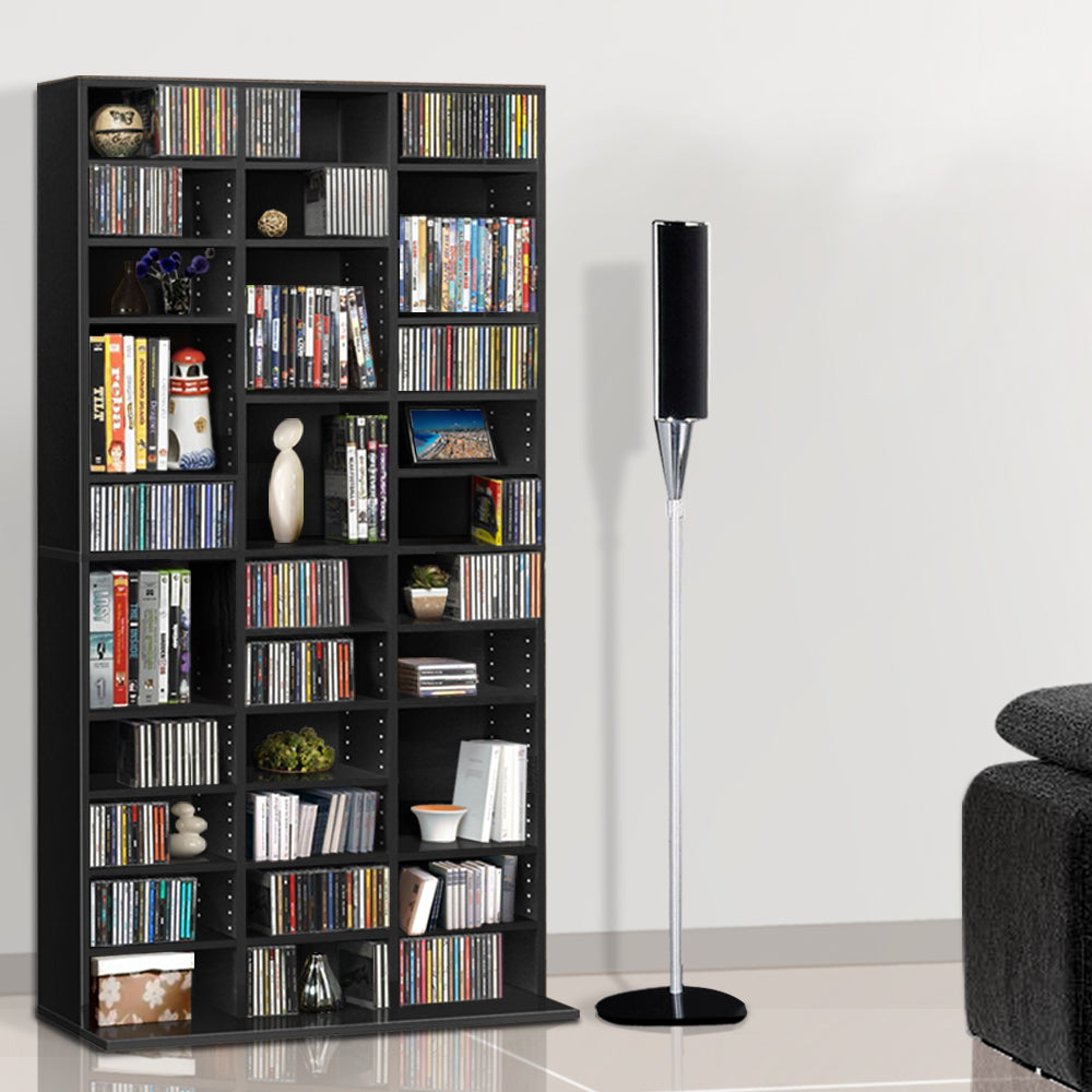 Artiss Adjustable Book Storage Shelf Rack Unit in Black, showcasing adjustable shelves and sturdy design for CD and DVD storage.