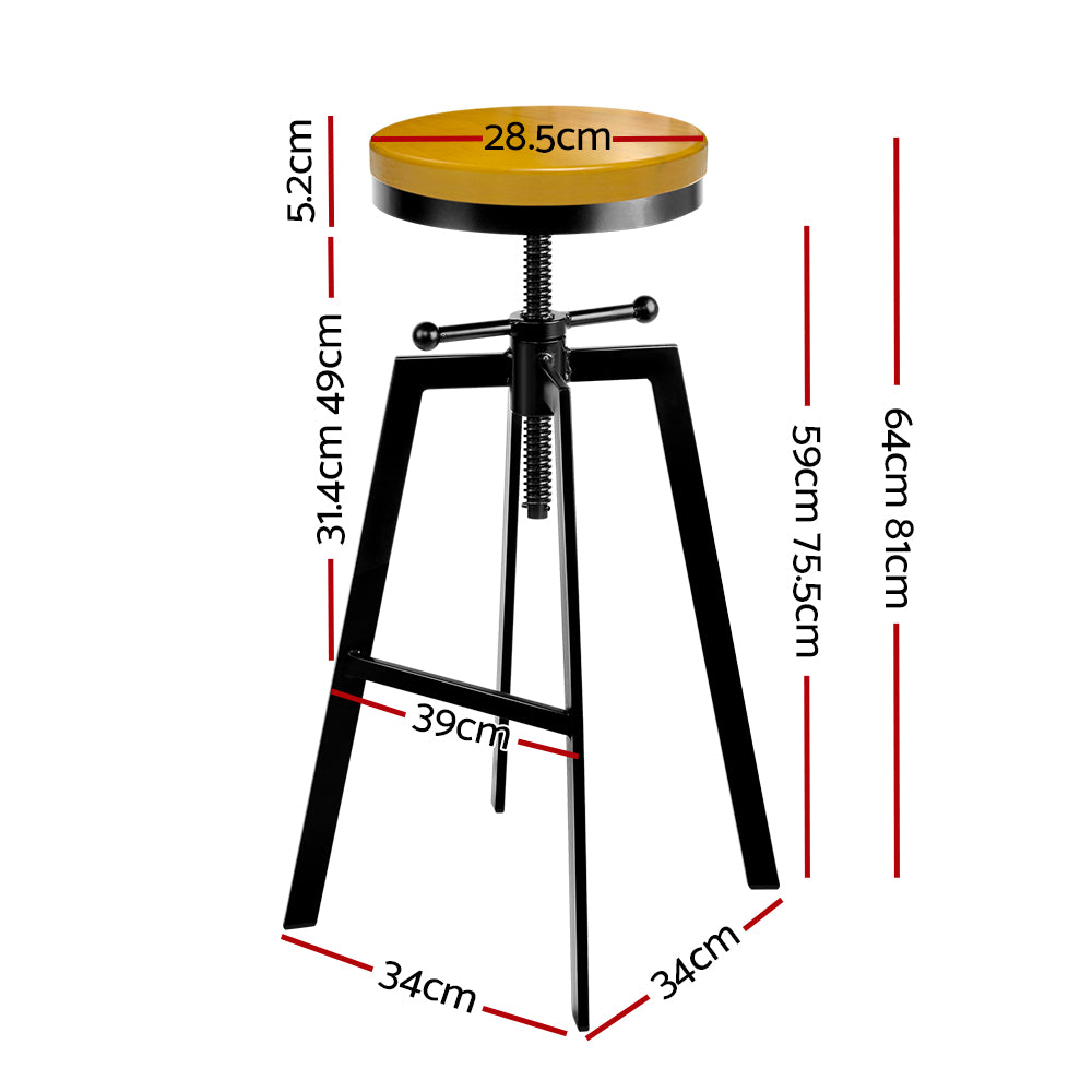 Artiss Adjustable Height Swivel Bar Stool in black and wood, featuring a vintage design with a solid wooden seat and heavy-duty steel frame.