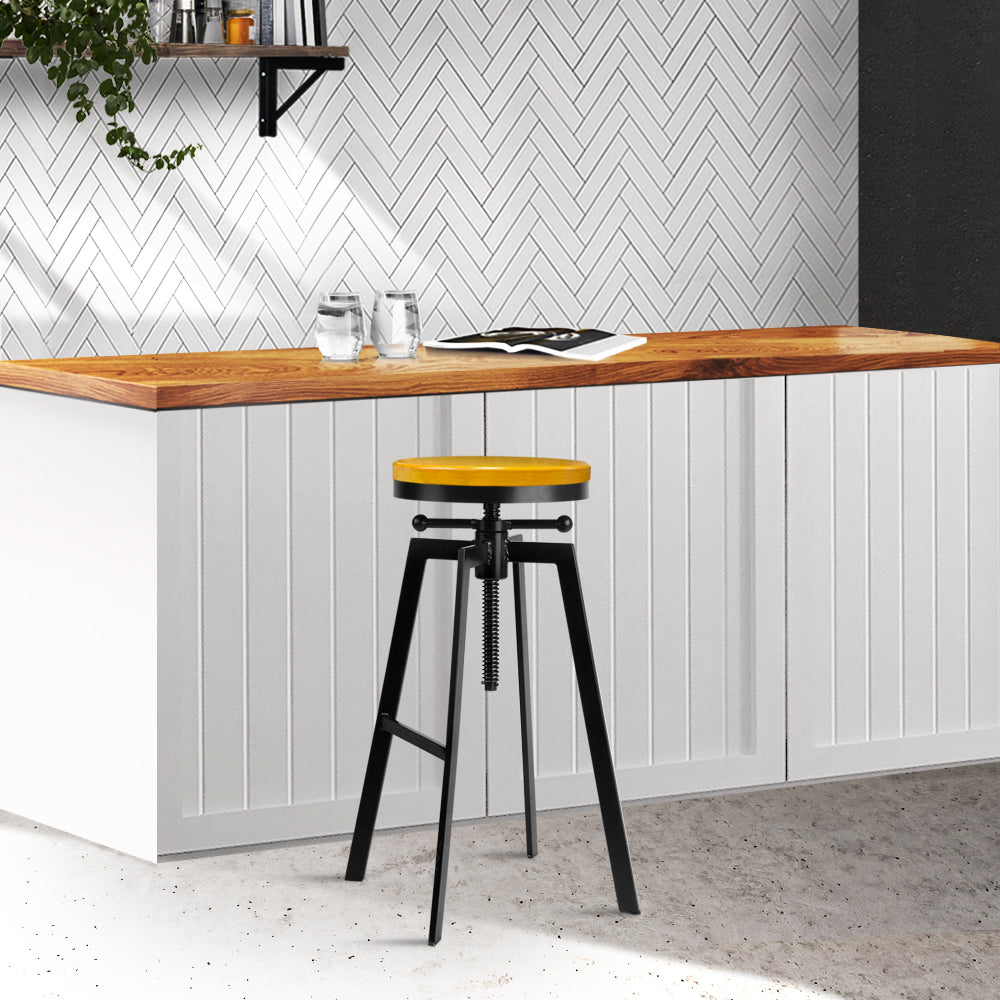 Artiss Adjustable Height Swivel Bar Stool in black and wood, featuring a vintage design with a solid wooden seat and heavy-duty steel frame.