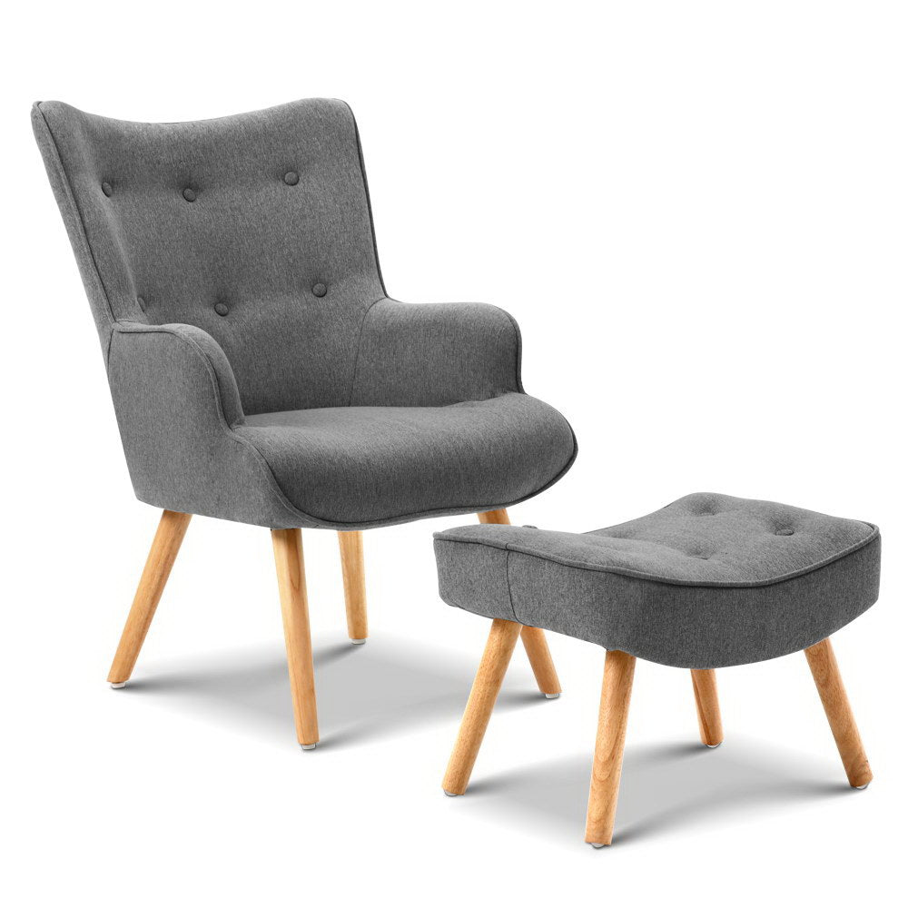 Artiss Armchair and Ottoman in Grey featuring tufted design and rubber wood legs, perfect for modern interiors.