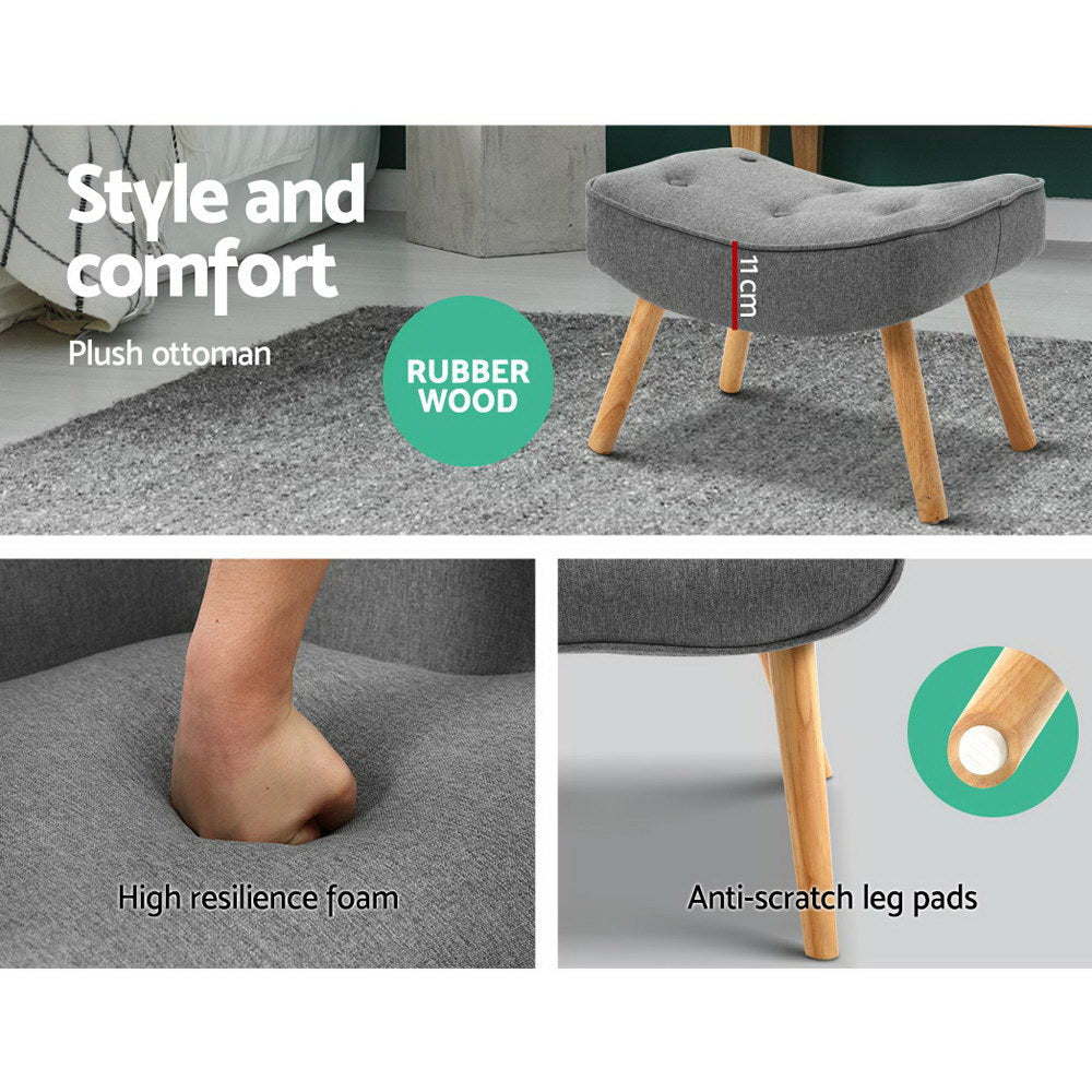 Artiss Armchair and Ottoman in Grey featuring tufted design and rubber wood legs, perfect for modern interiors.