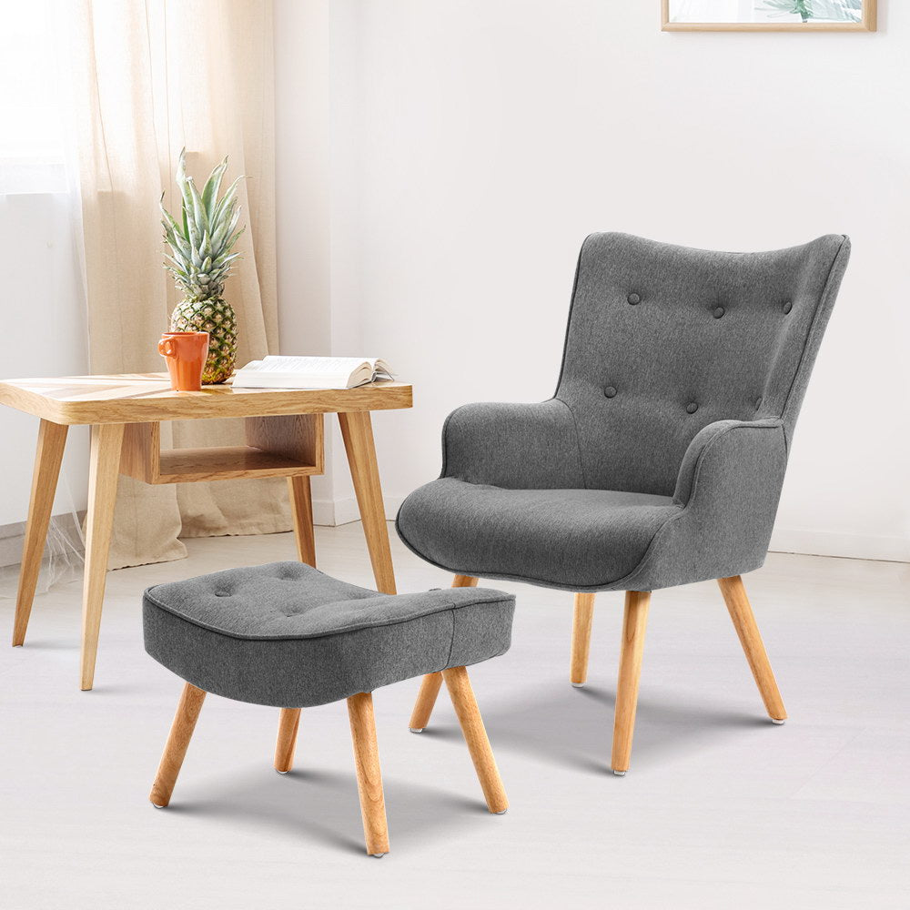 Artiss Armchair and Ottoman in Grey featuring tufted design and rubber wood legs, perfect for modern interiors.
