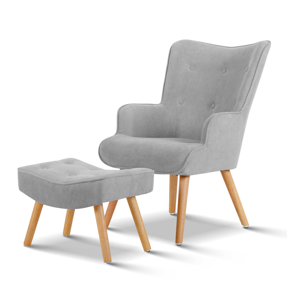Artiss Armchair and Ottoman in Light Grey featuring tufted design and rubber wood legs.