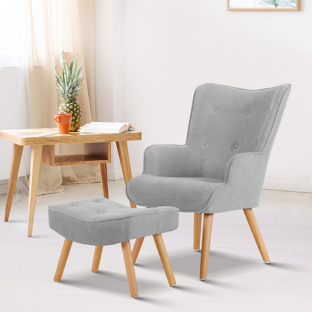 Artiss Armchair and Ottoman in Light Grey featuring tufted design and rubber wood legs.