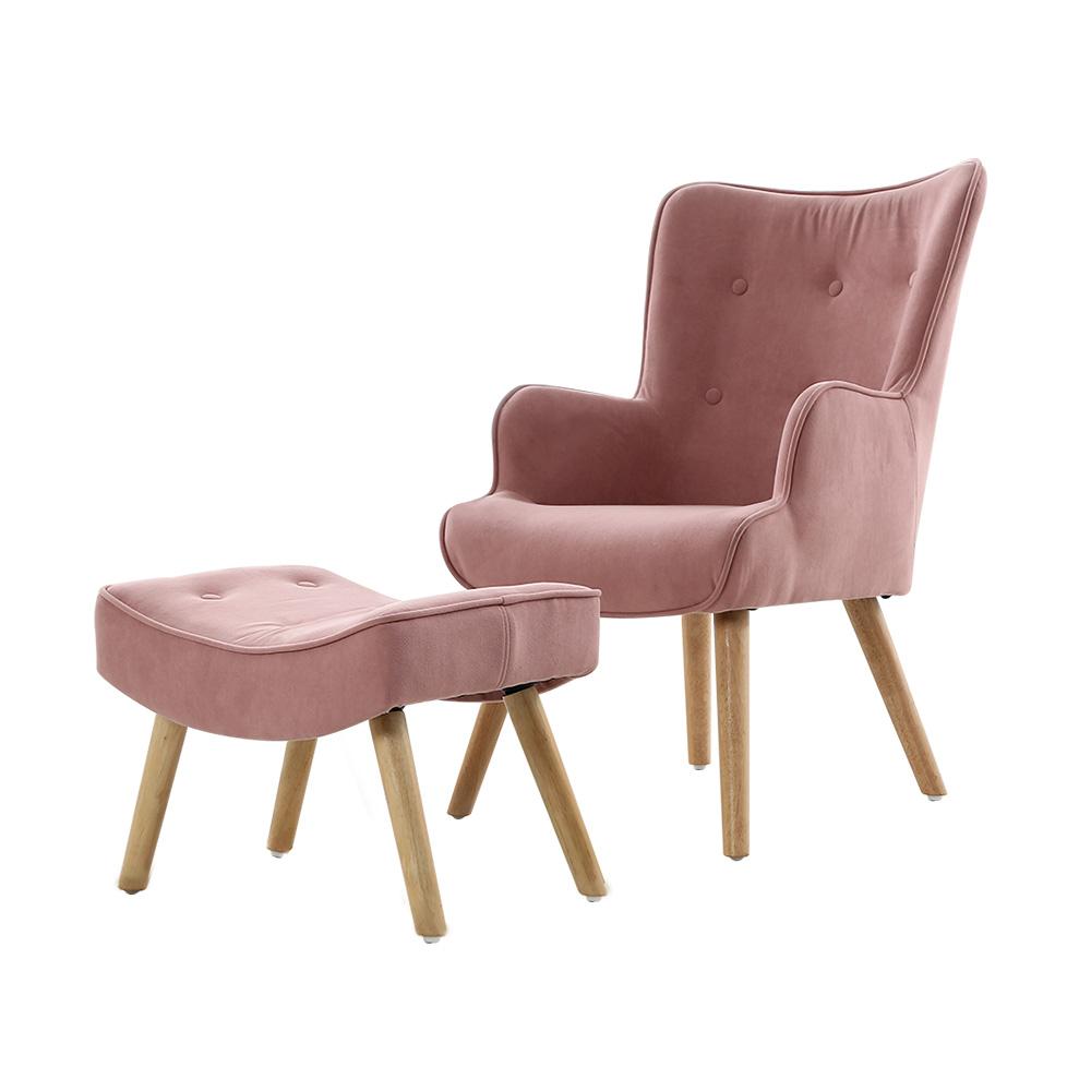 Artiss Armchair Lounge Chair with Ottoman in pink fabric, featuring tufted design and splayed rubber wood legs.