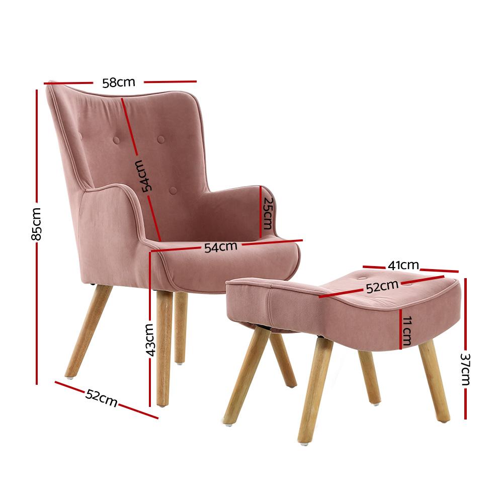 Artiss Armchair Lounge Chair with Ottoman in pink fabric, featuring tufted design and splayed rubber wood legs.
